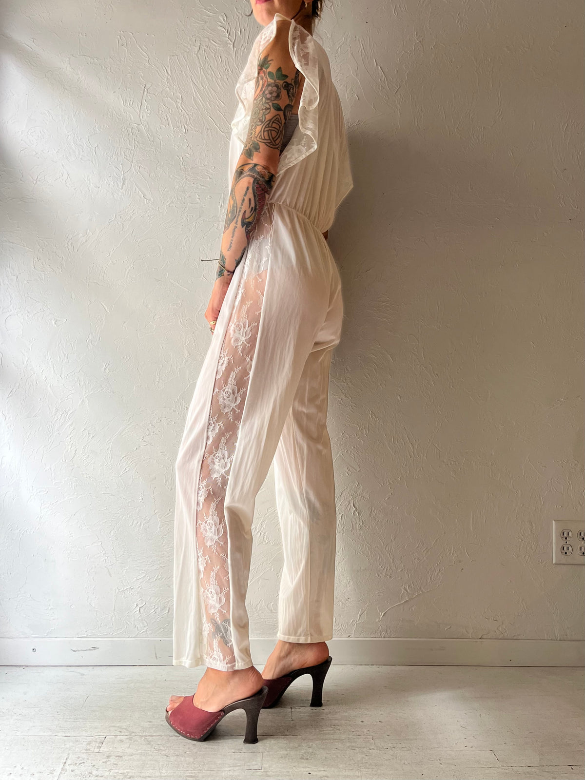 80s 'Belimage' White Nylon Lingerie Jumpsuit / Small