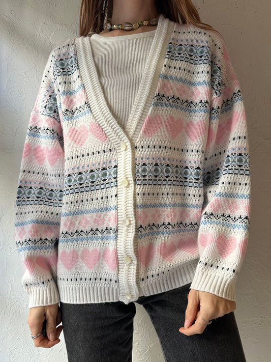 90s 'Grace' Acrylic Heart Cardigan Sweater / Large