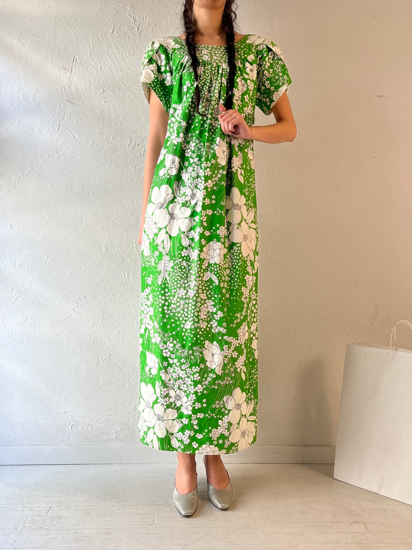 Vintage 70s Handmade Green Floral Maxi Dress / Small - Medium