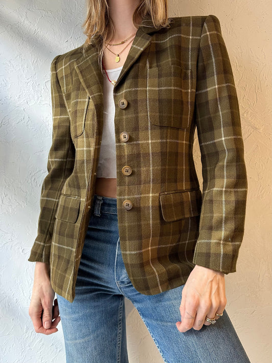 90s 'Jones New York' Green Wool Plaid Blazer Jacket / Small