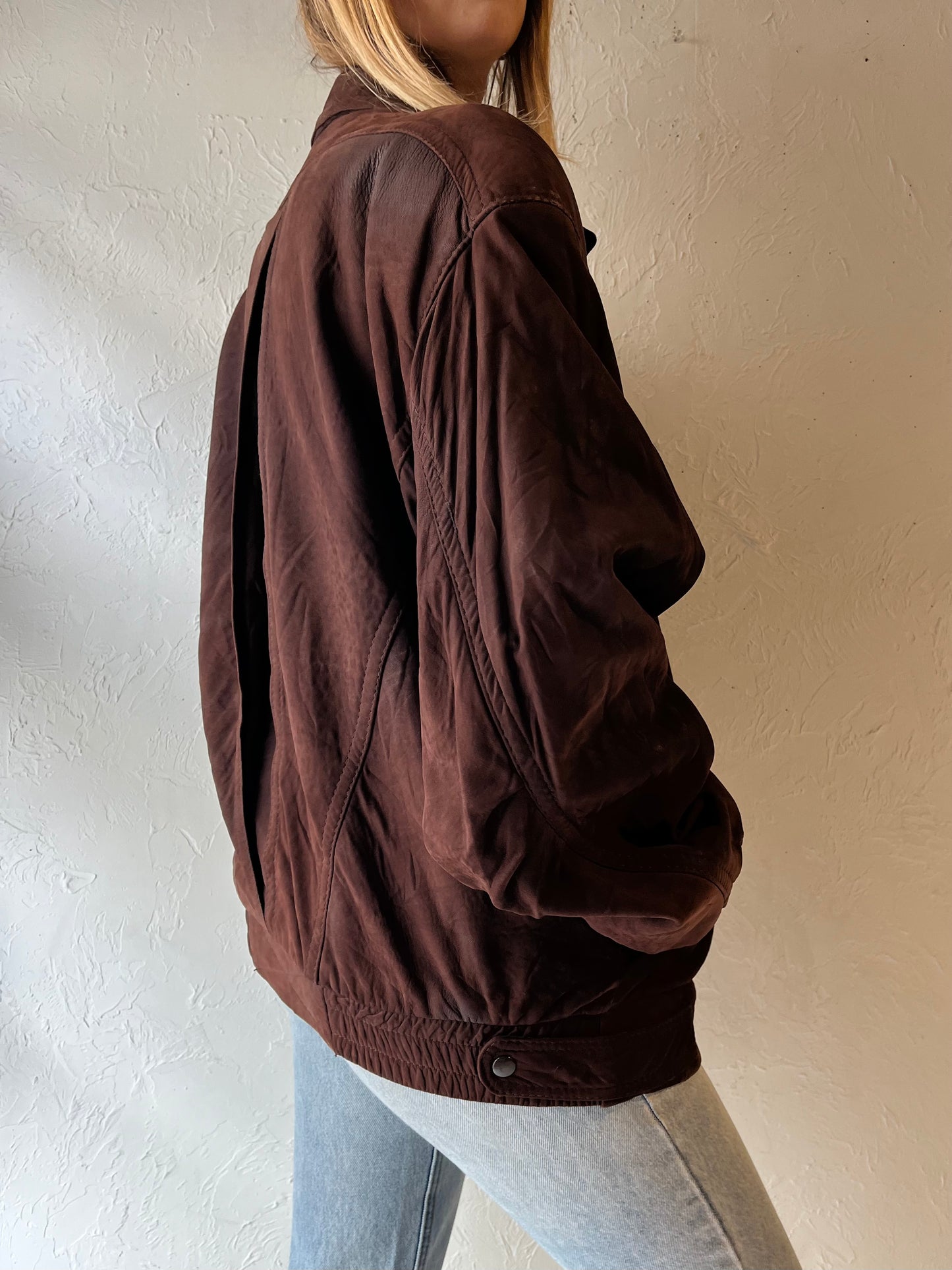 90s ‘Champs Elys’ Brown Suede Leather Bomber Jacket / Large