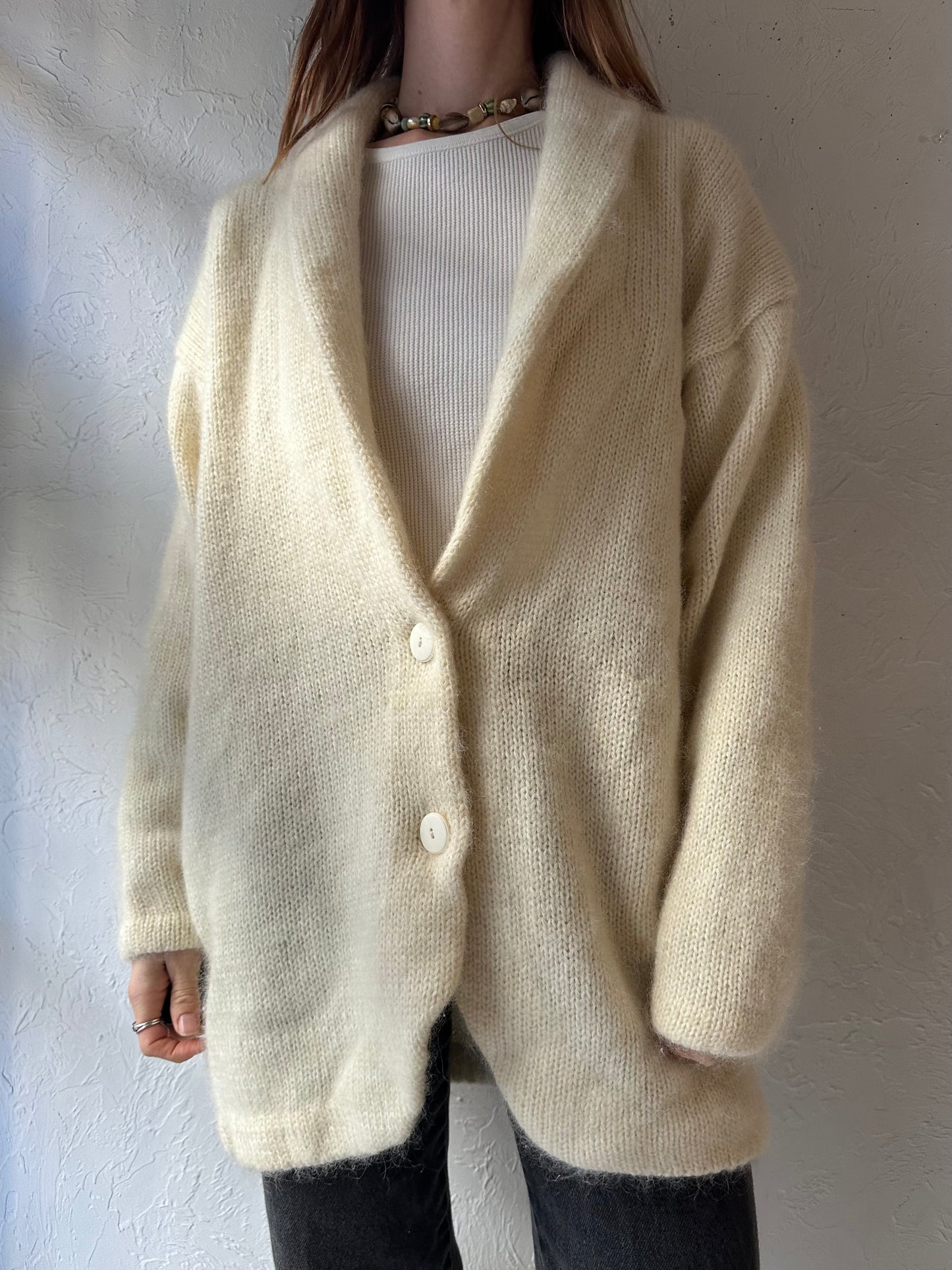 80s 'Cin Cin' Cream Knit Cardigan Sweater / Medium