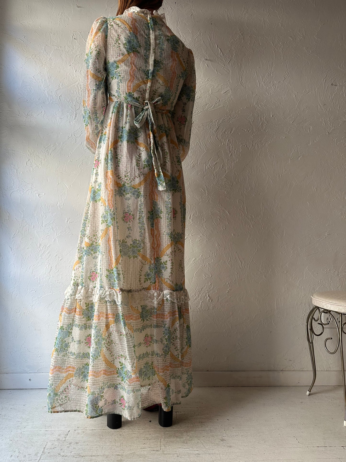 70s Pastel Floral Peasant Maxi Dress / Small