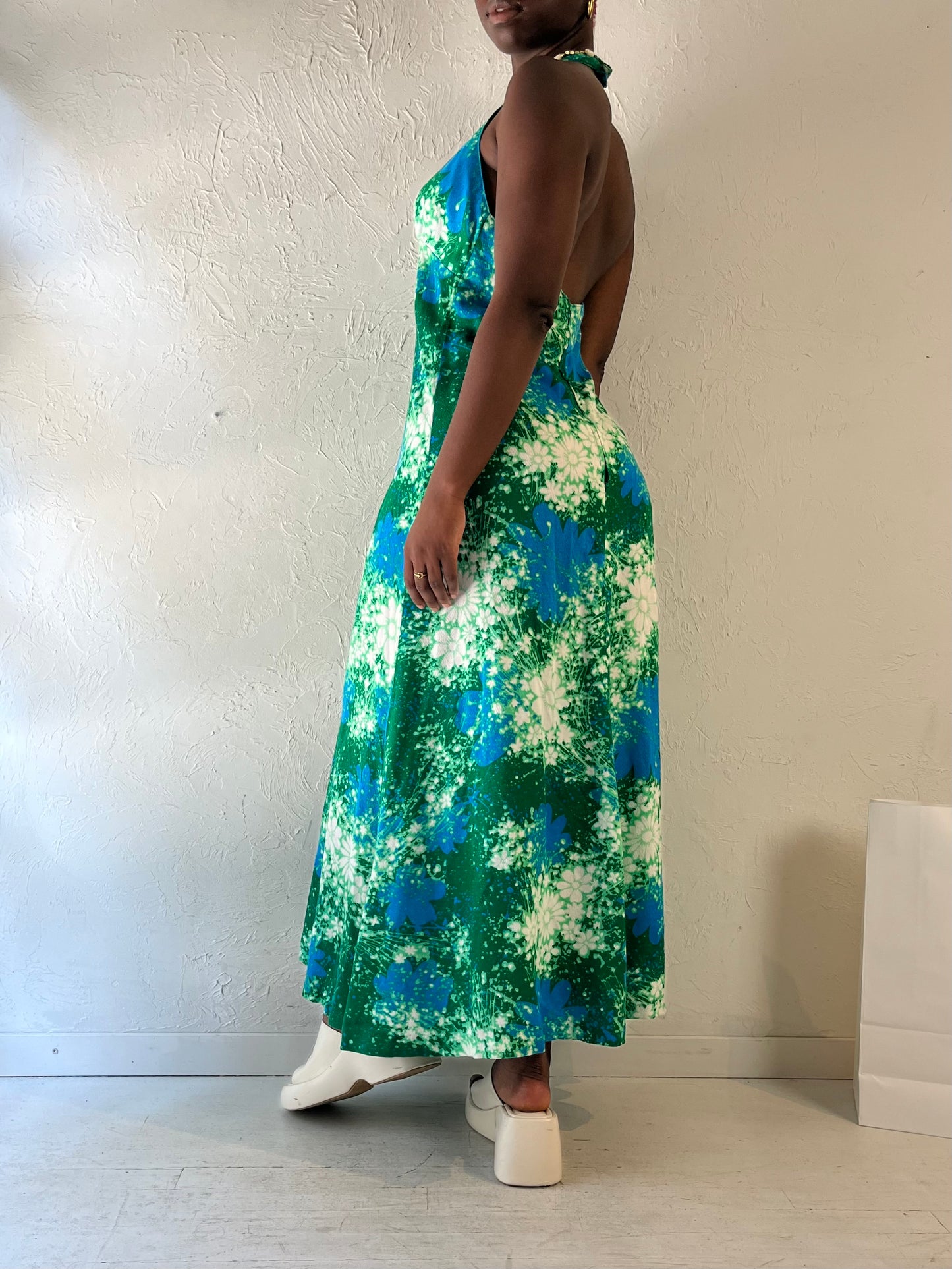 Vintage Handmade Green Patterned Halter Dress / Medium