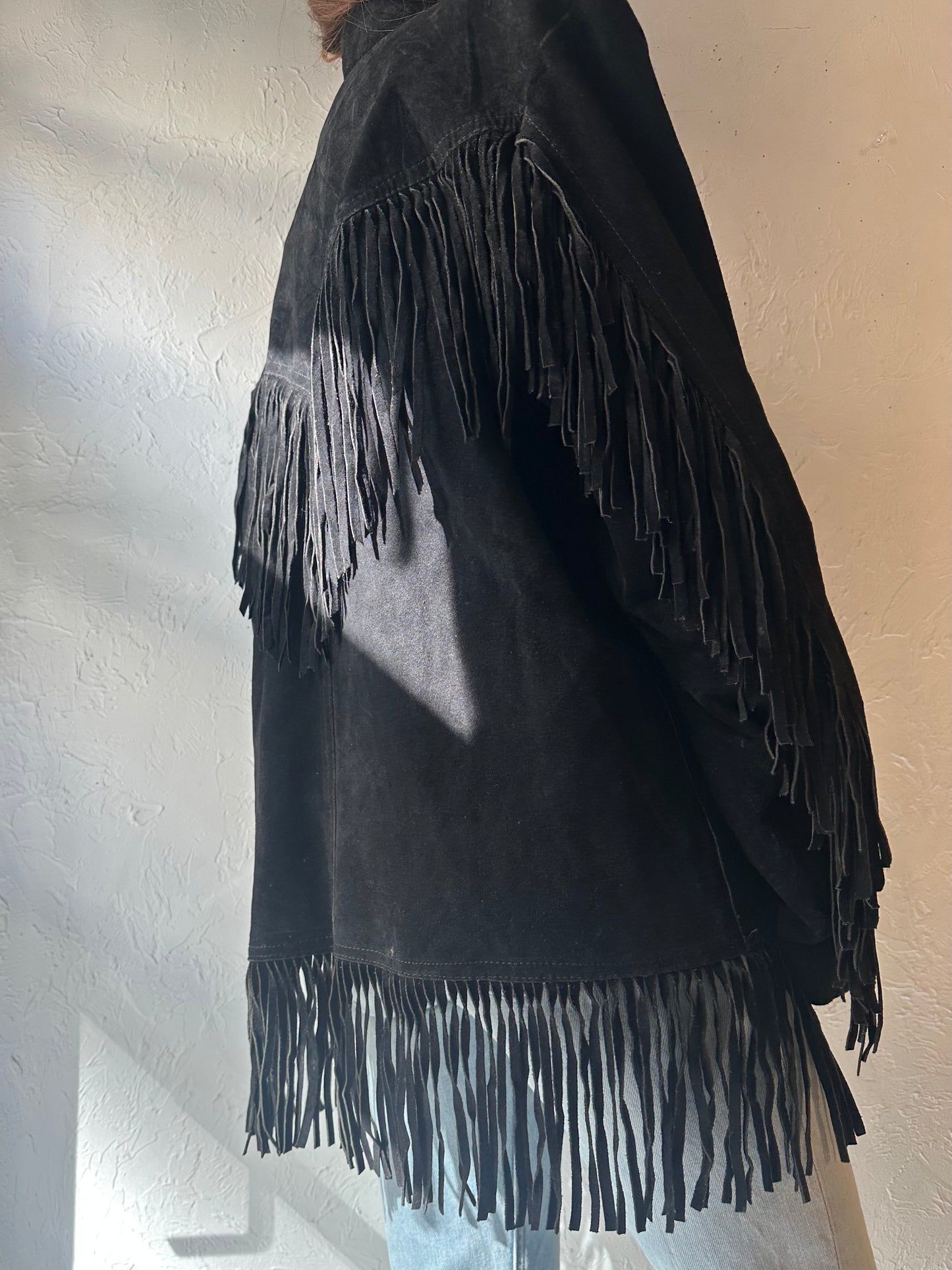70s 'Cevys' Black Suede Fringe Jacket / Large