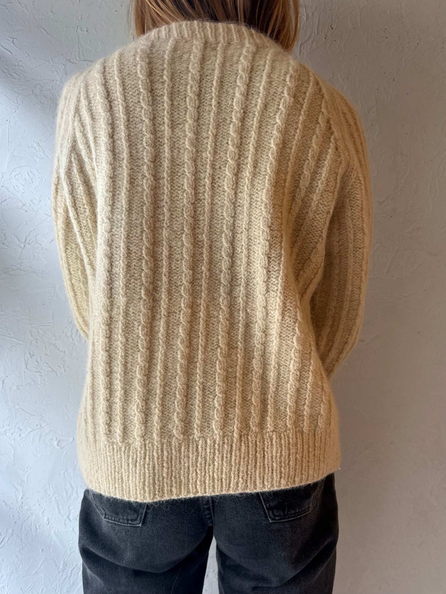 Vintage ‘Island Crafts’ Cream Wool Cable Knit Fisherman’s Sweater / Small