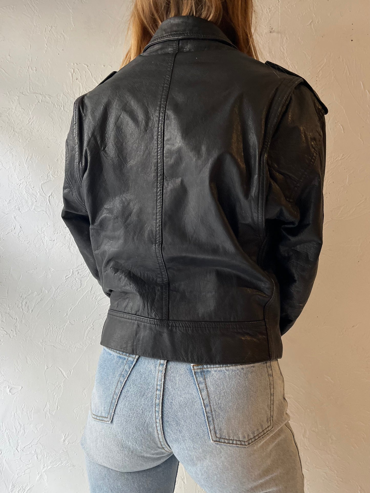 90s Black Leather Moto Style Jacket / XSmall