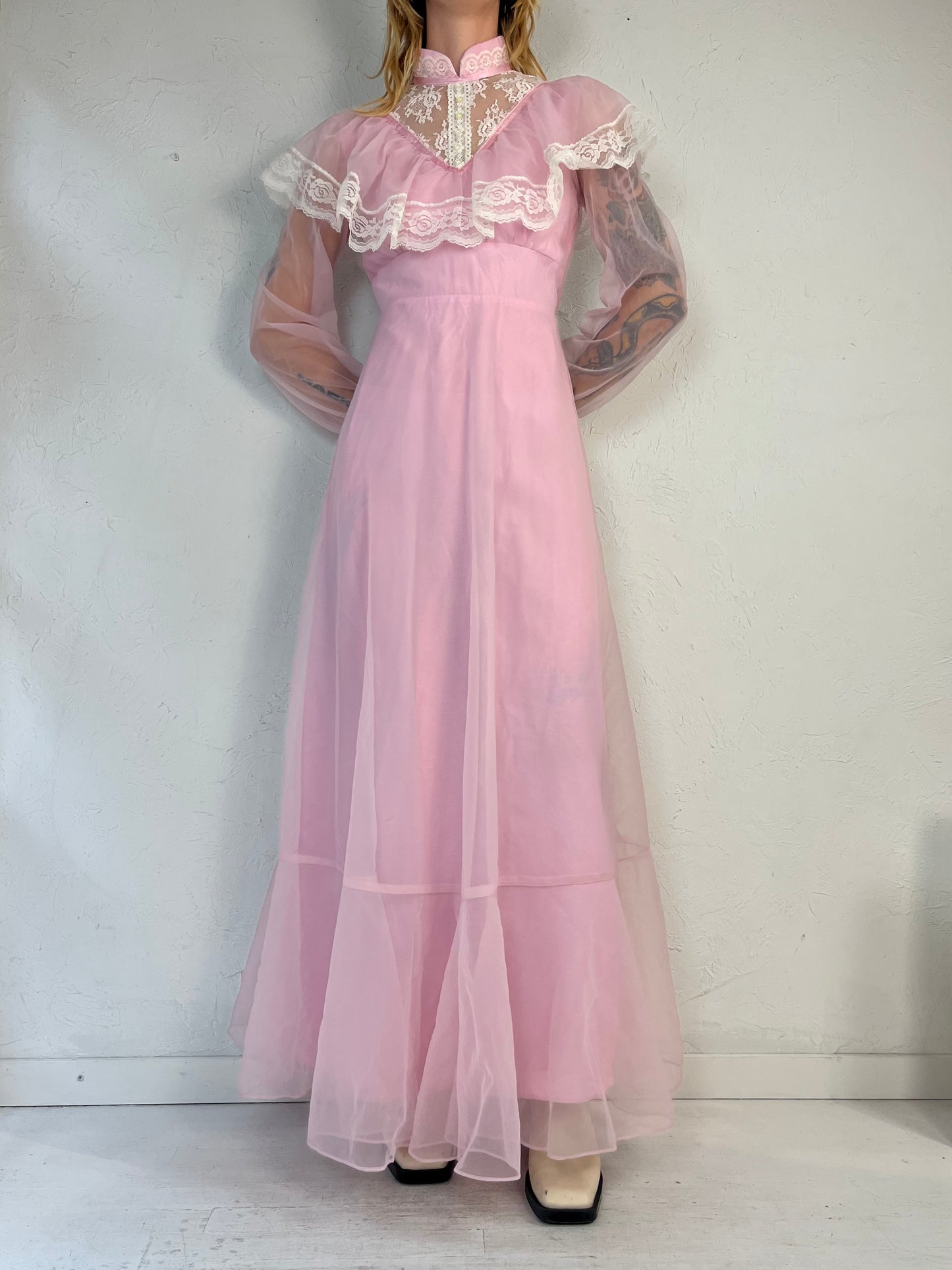 Vintage 1970s Pink Cottage Core Maxi Dress / Union Made / Small
