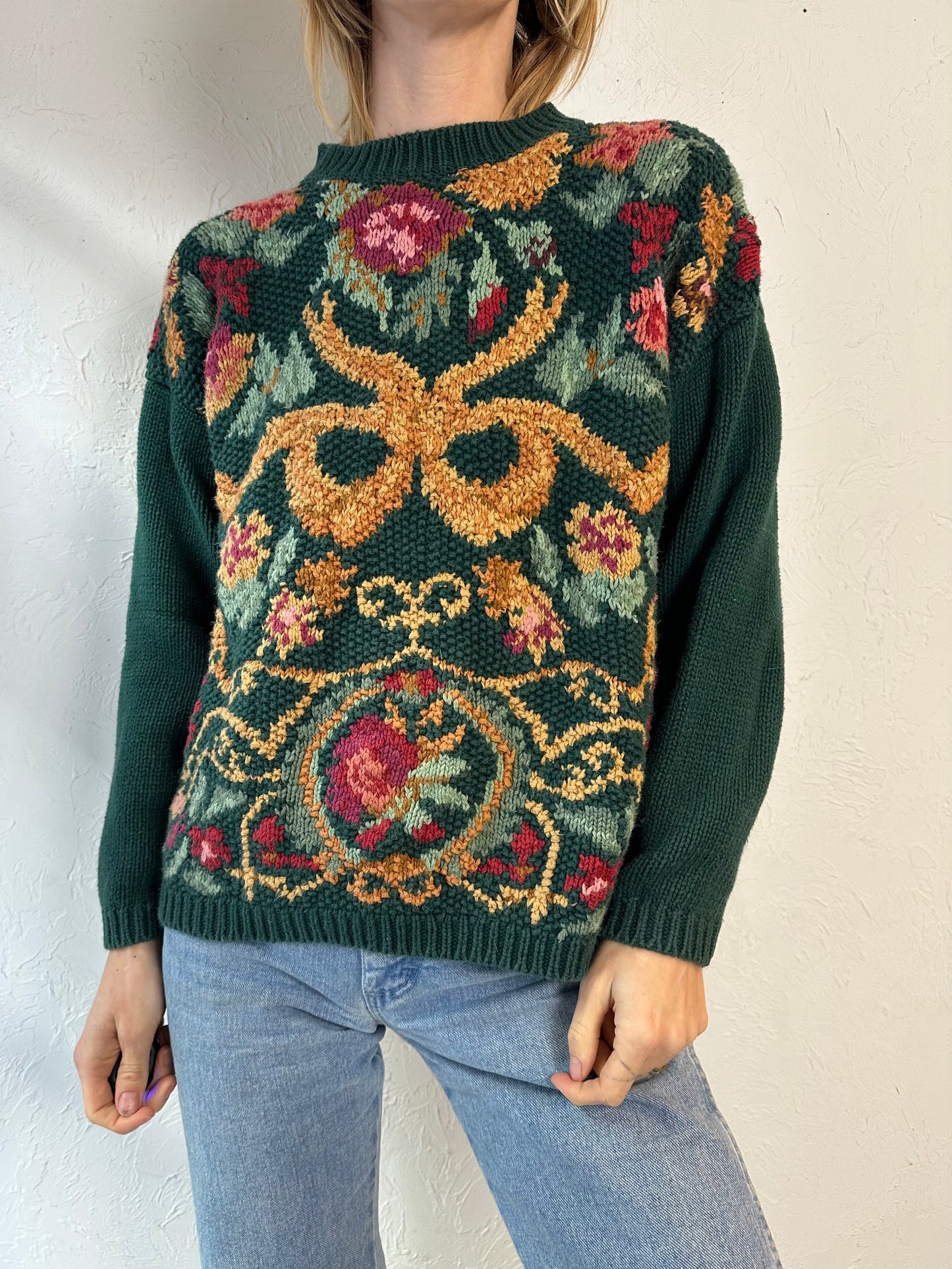 Y2K 'Rachel Max' Green Floral Knit Sweater / Medium