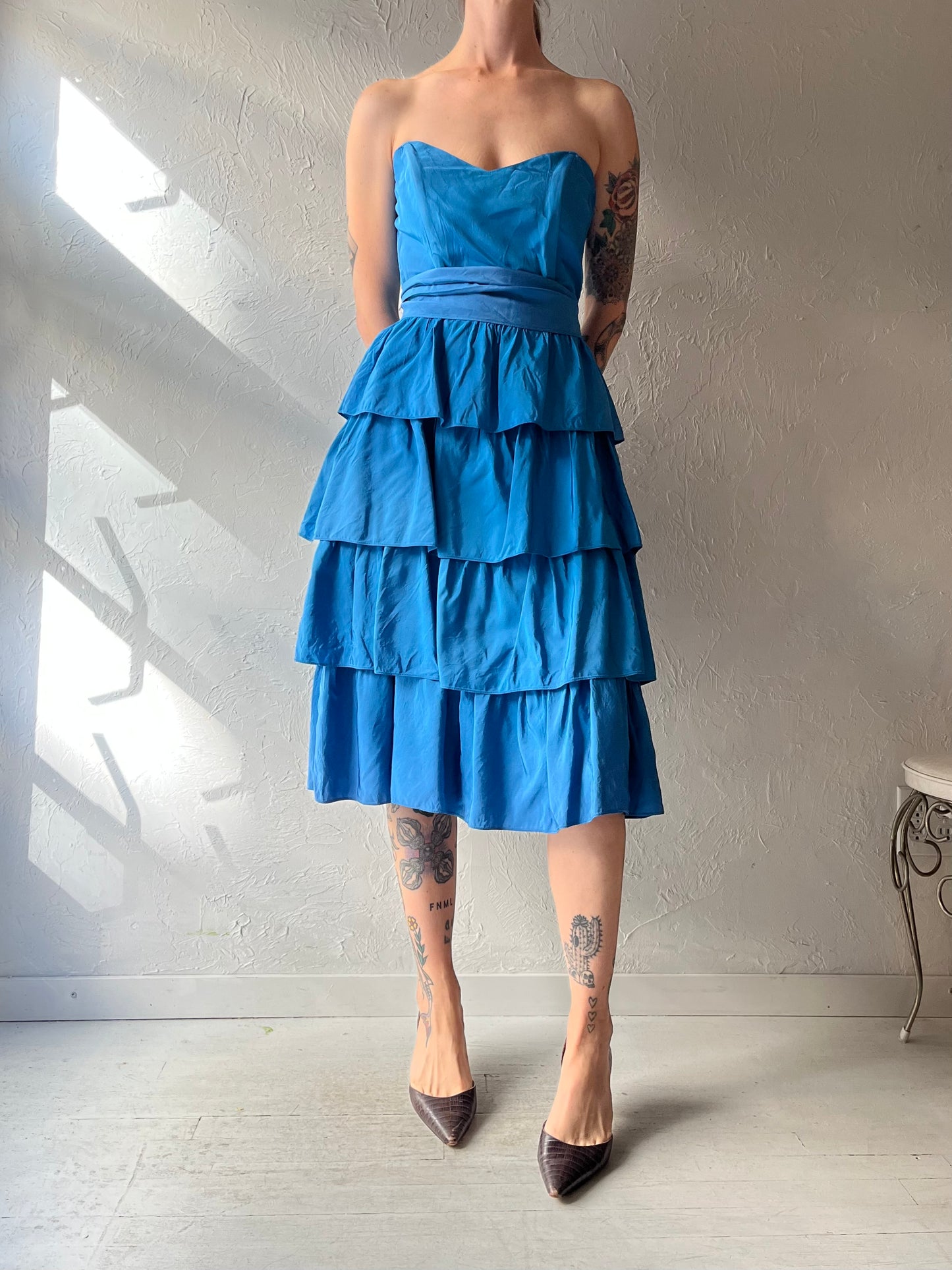 80s 'Memories' Blue Strapless Midi Dress / Small
