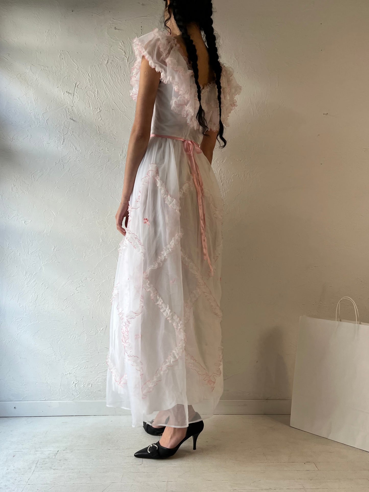 Vintage White Ruffle Princess Maxi Dress / Small