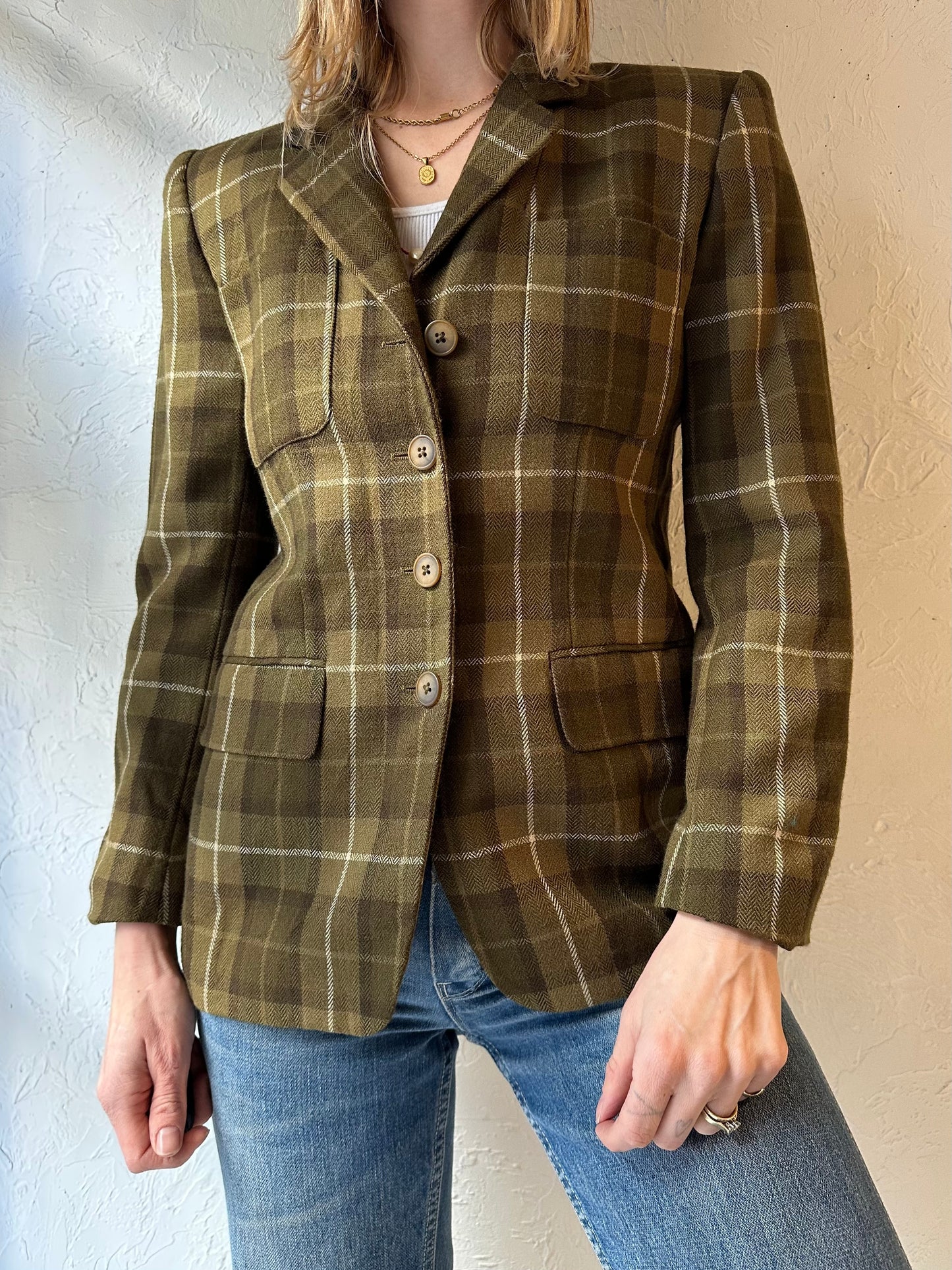 90s 'Jones New York' Green Wool Plaid Blazer Jacket / Small