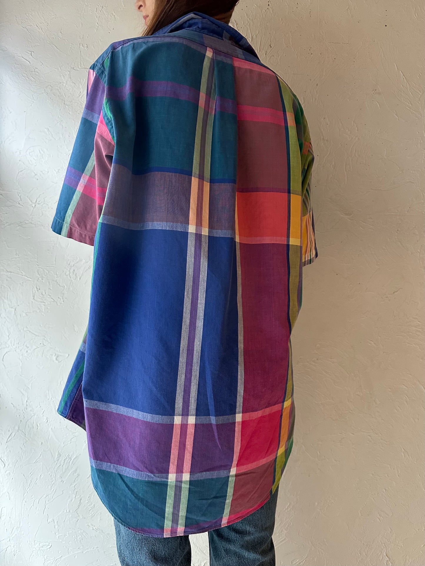 90s 'Ralph Lauren' Blue Plaid Cotton Button Up Shirt / Large