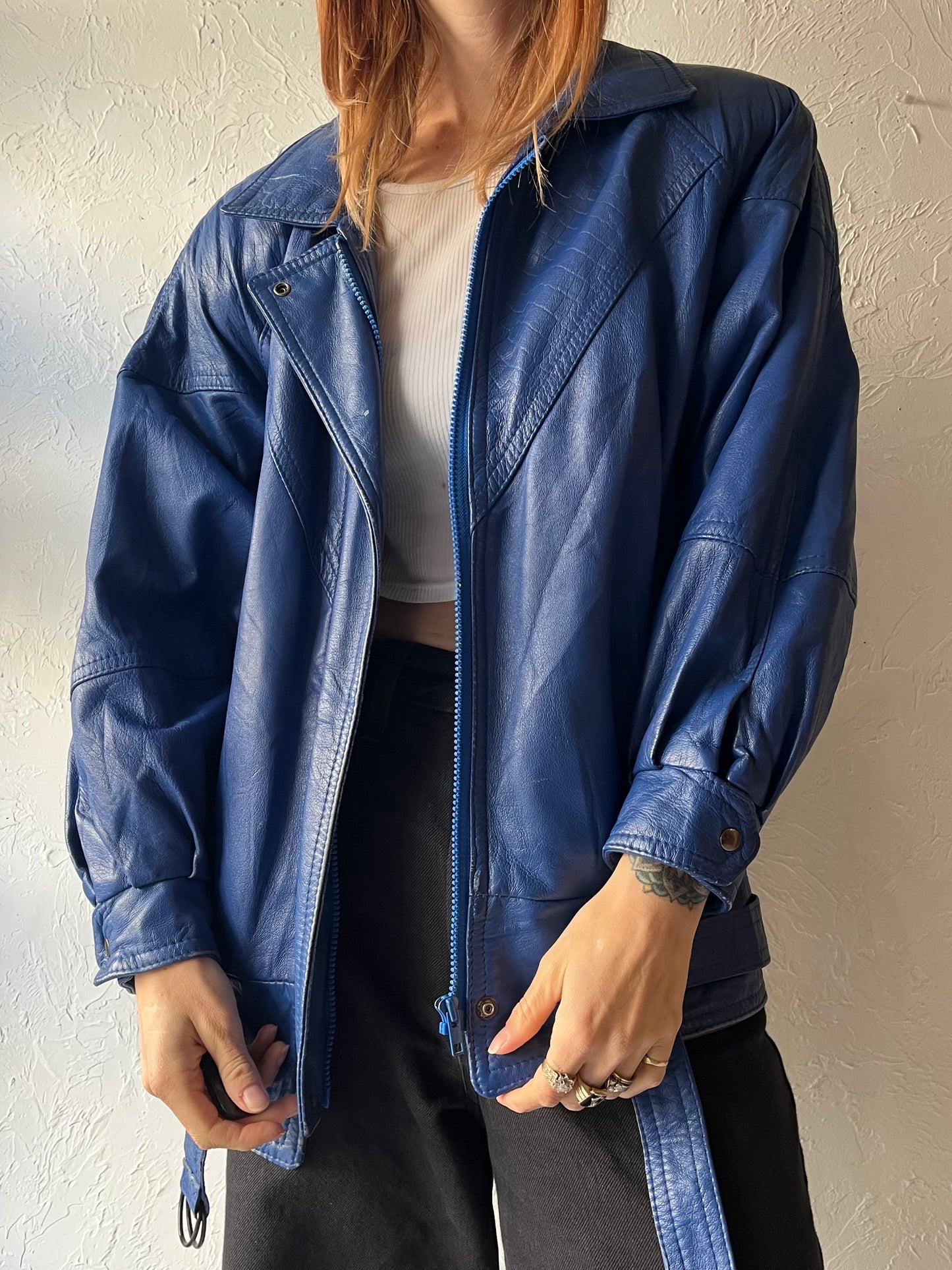 80s Blue Leather Bomber Jacket / Small