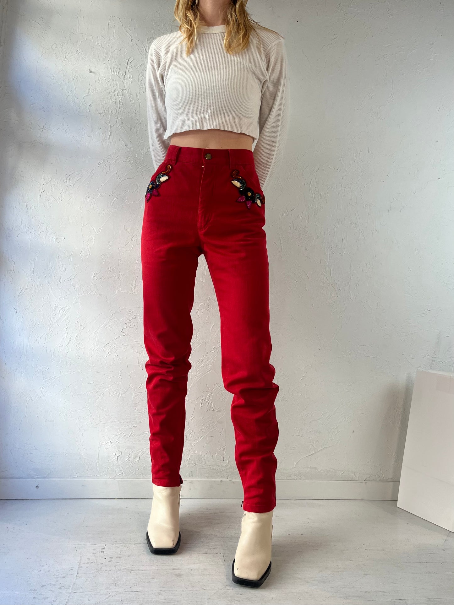 90s 'Escada' Red Beaded Jeans / Small
