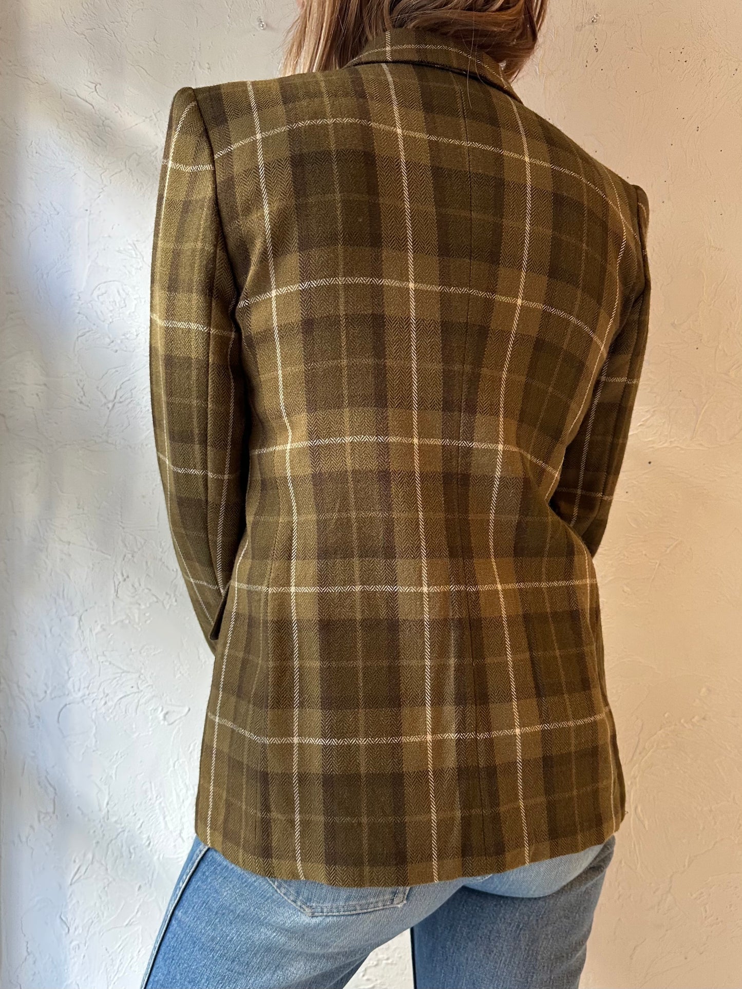 90s 'Jones New York' Green Wool Plaid Blazer Jacket / Small