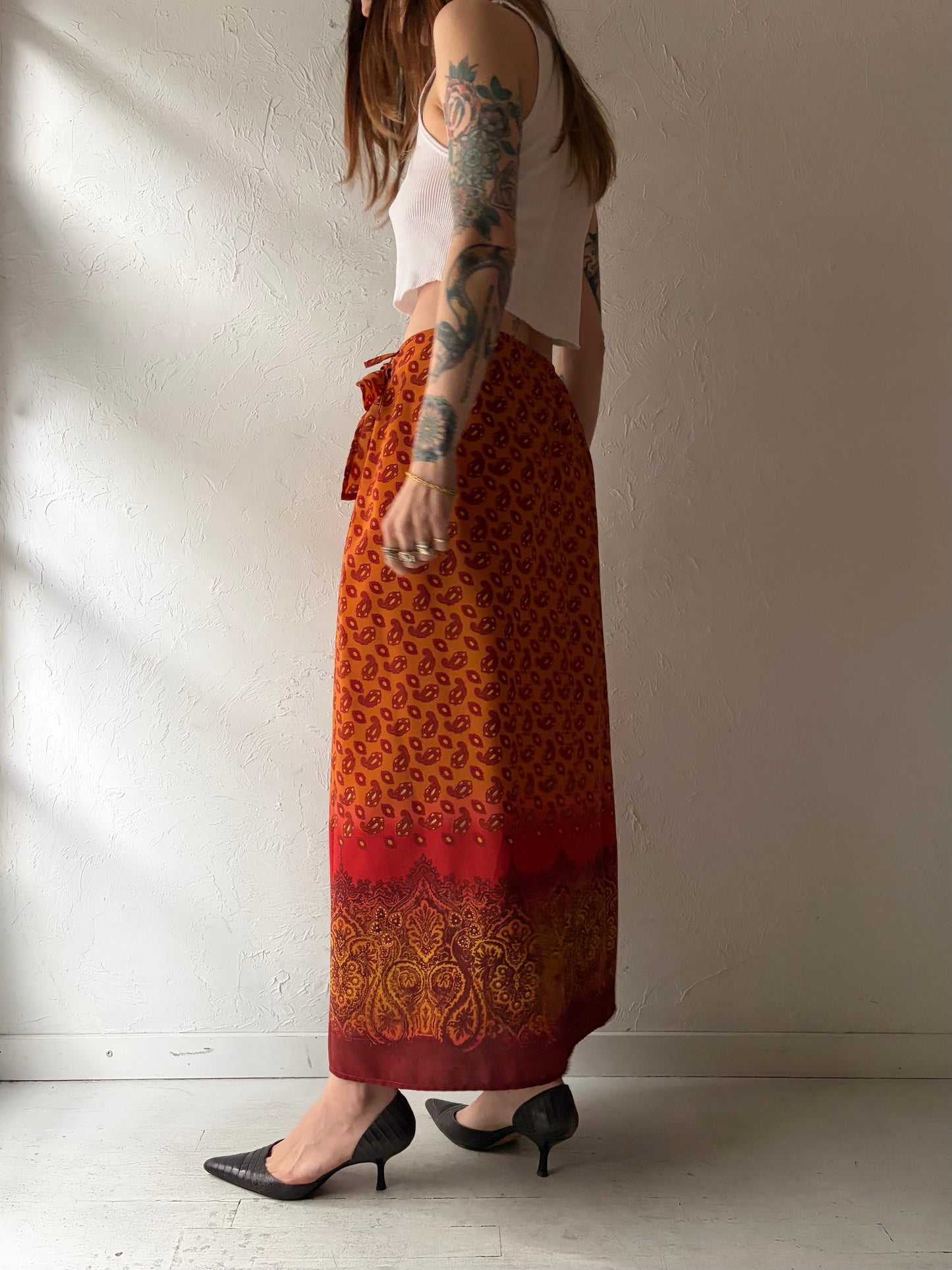 90s 'Karen Scott' Orange Patterned Hippie Boho Wrap Maxi Skirt / Small