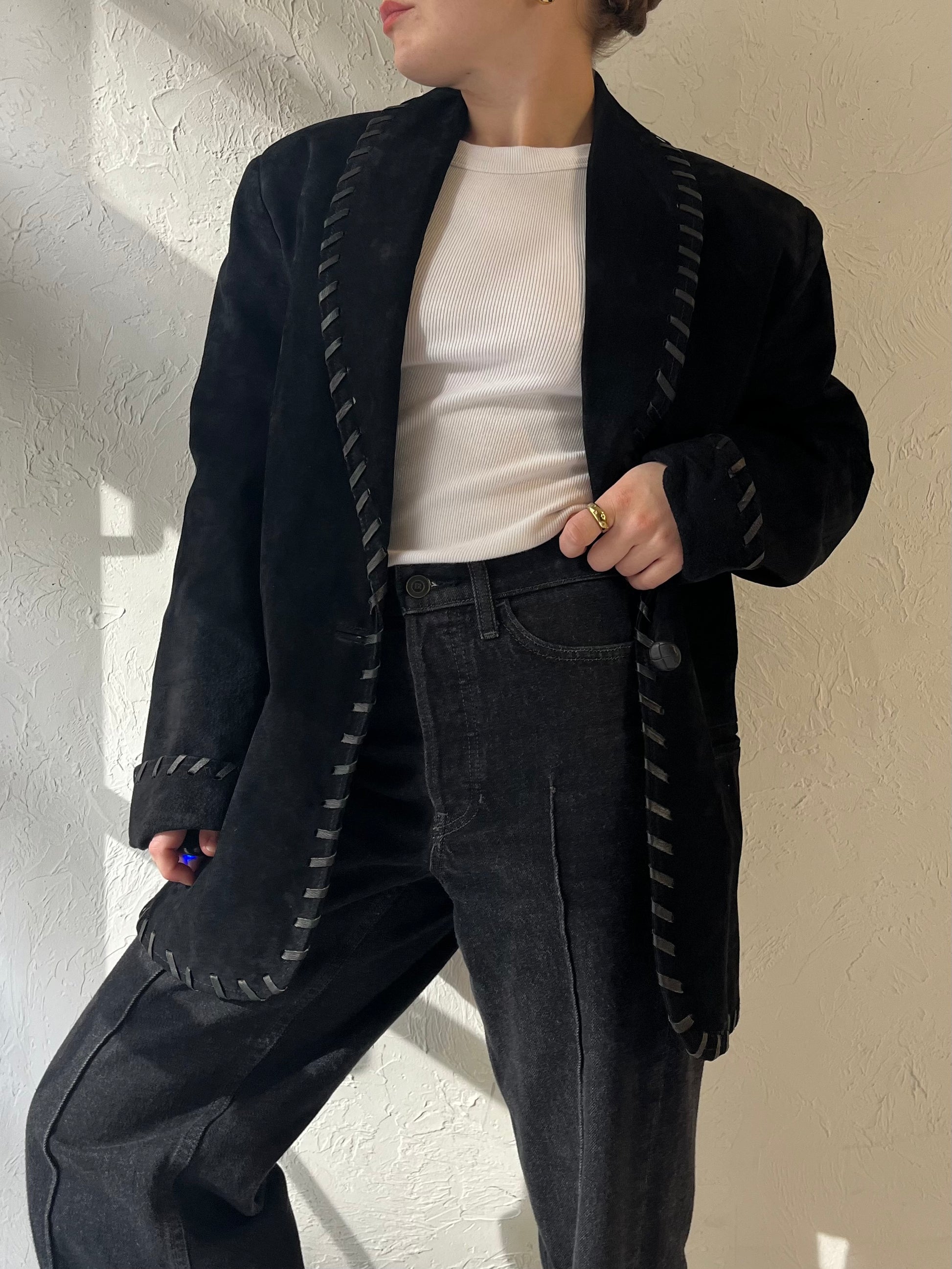 80s 'Dalmys' Oversized Black Suede Jacket / Small