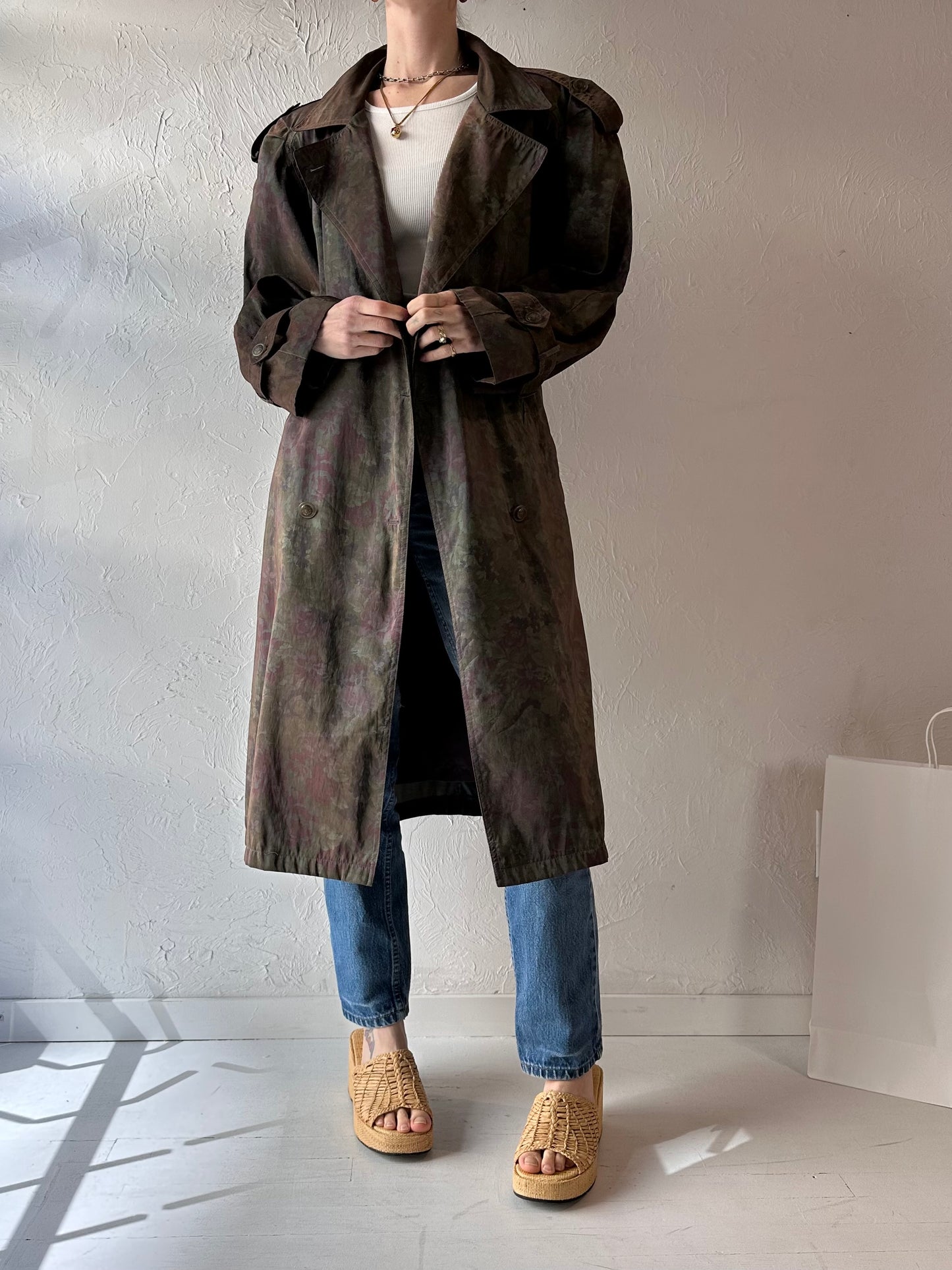 Vintage 'London Fog' Green Floral Light Weight Trench Coat / Medium - Large