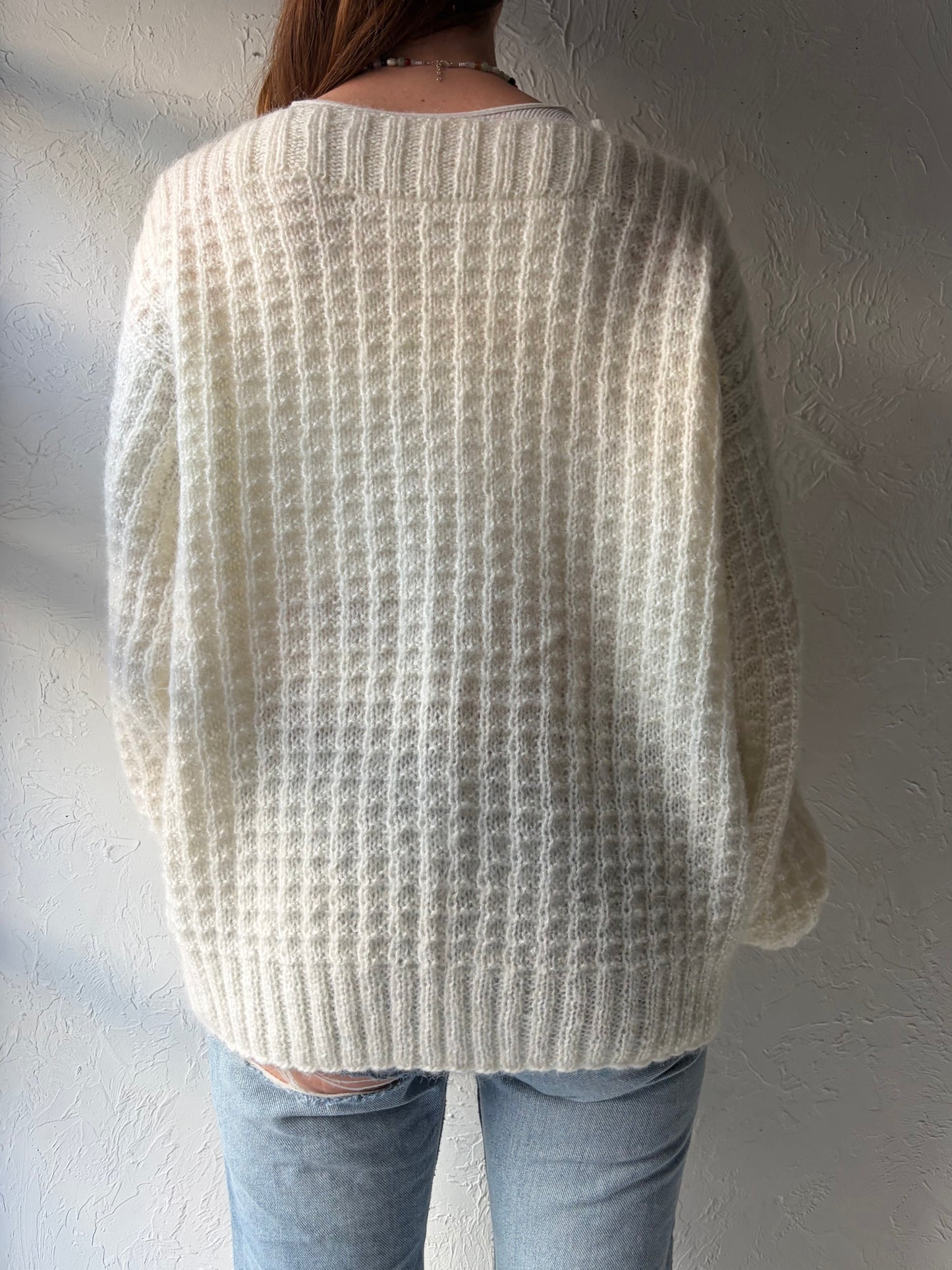 Vintage Oversized Hand Knit White Acrylic Sweater / Medium