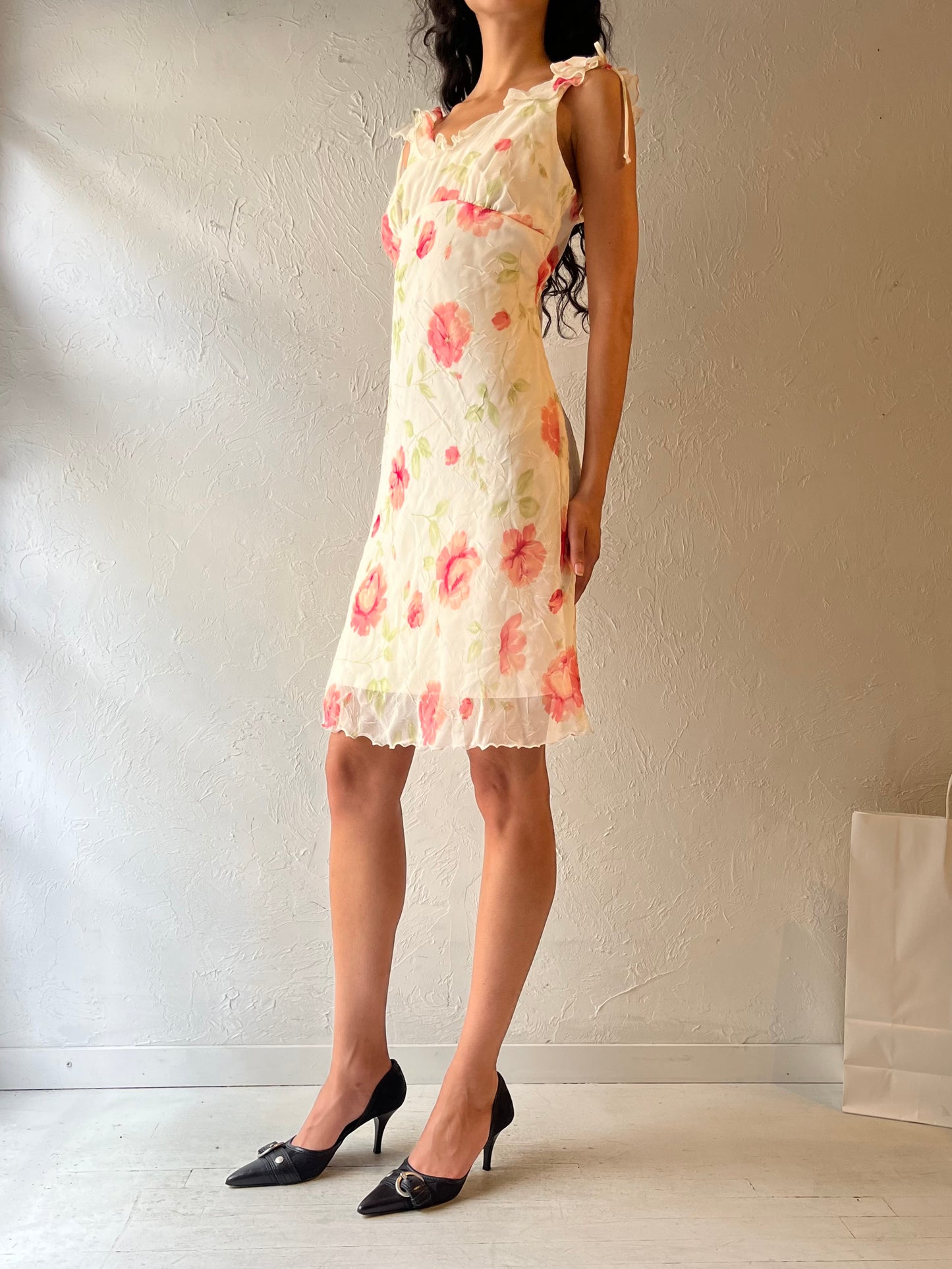 90s ‘Be Smart’ Cream Floral Dress / Small - Medium
