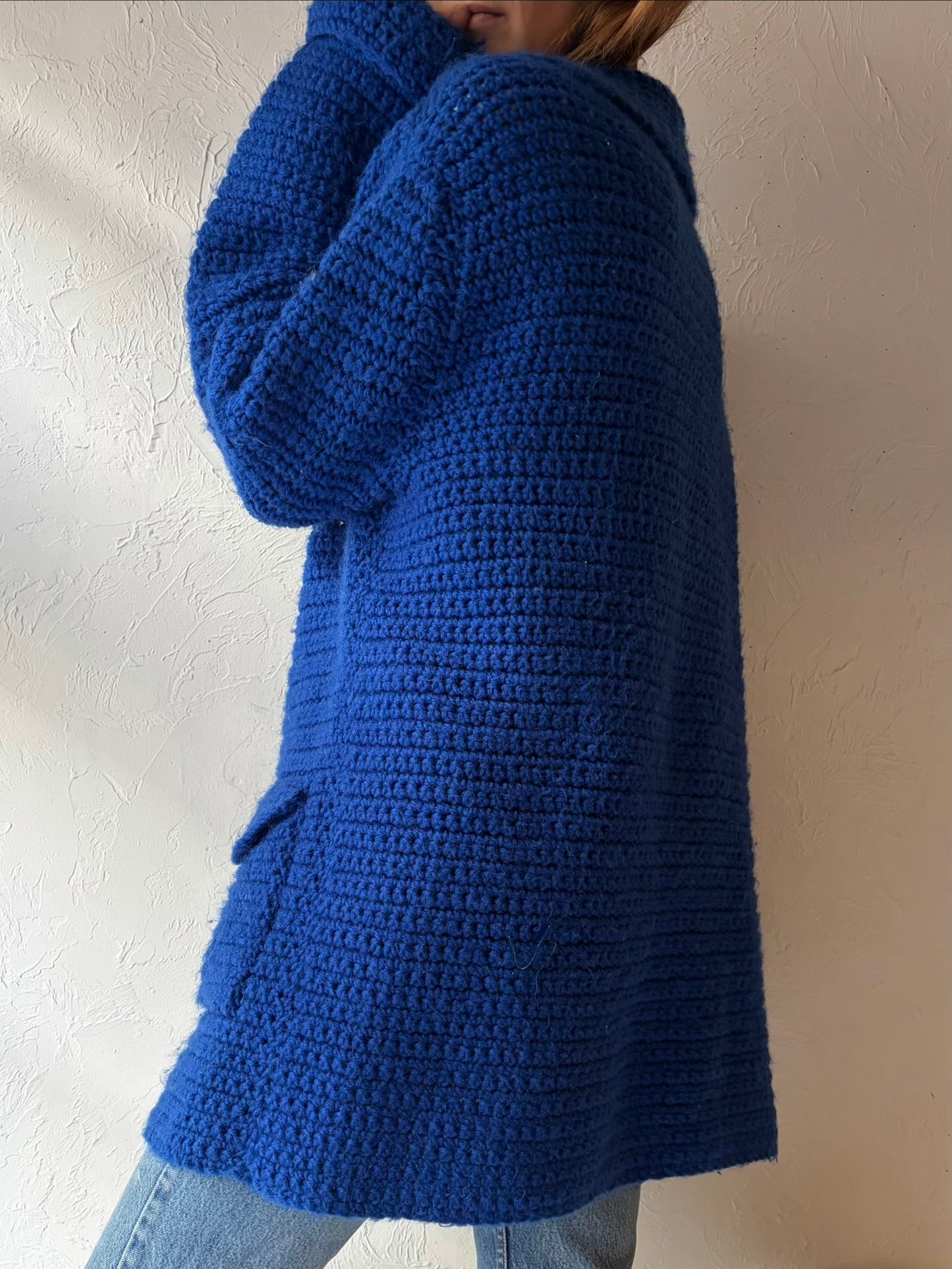 Vintage Royal Blue Crochet Cardigan Sweater / Large