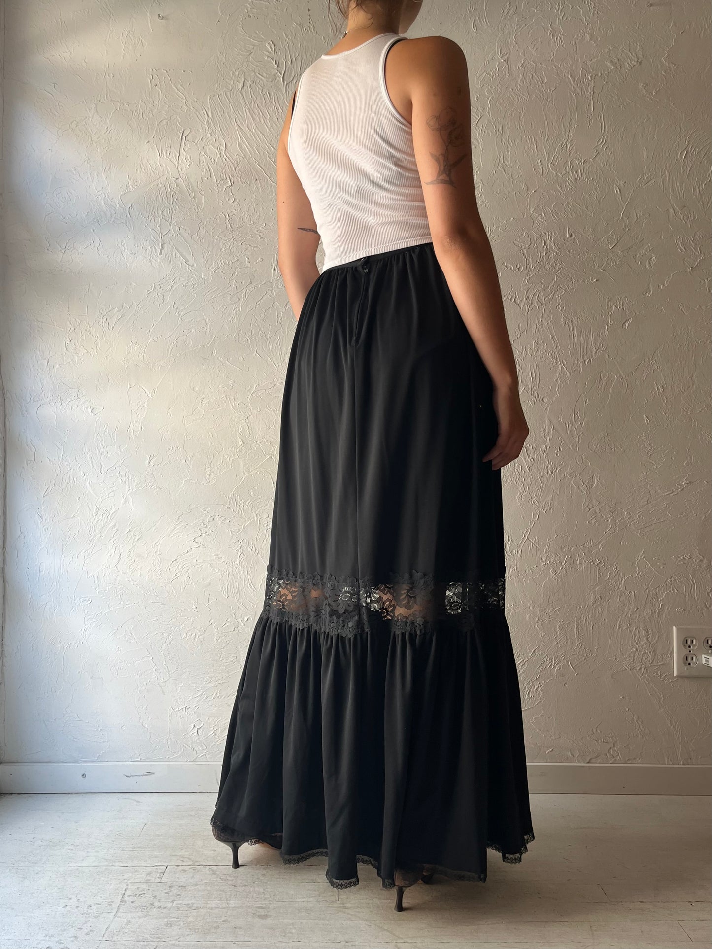 70s Black Tiered Goth Maxi Skirt / Small