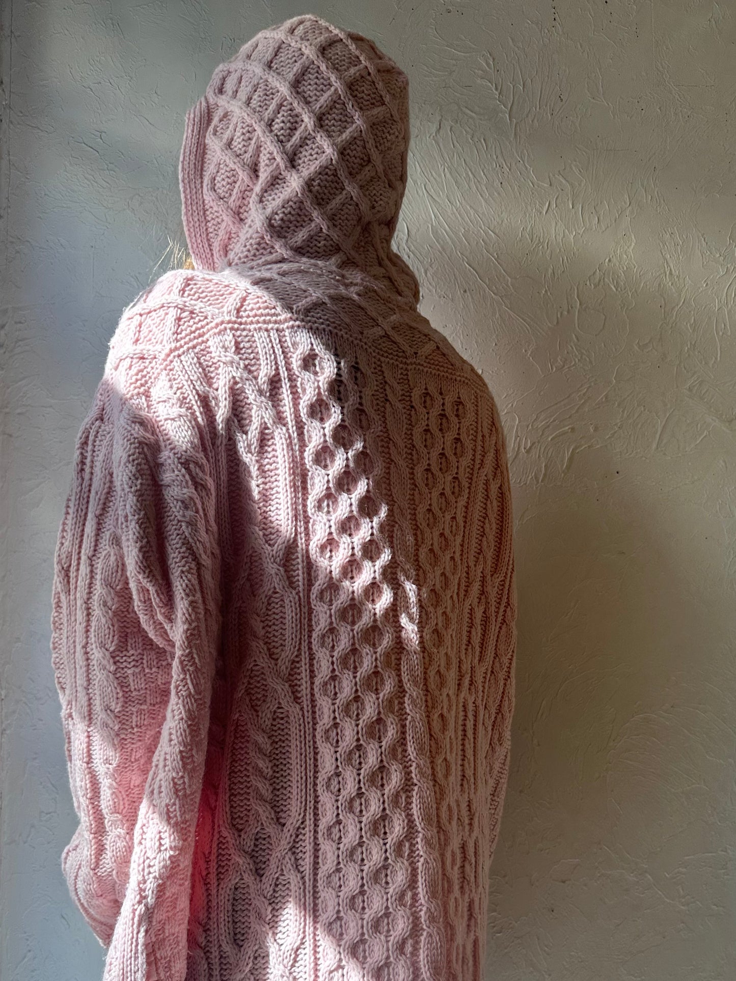 Vintage 'Arancrafts' Pink Merino Wool Cable Knit Cardigan Sweater / XXL