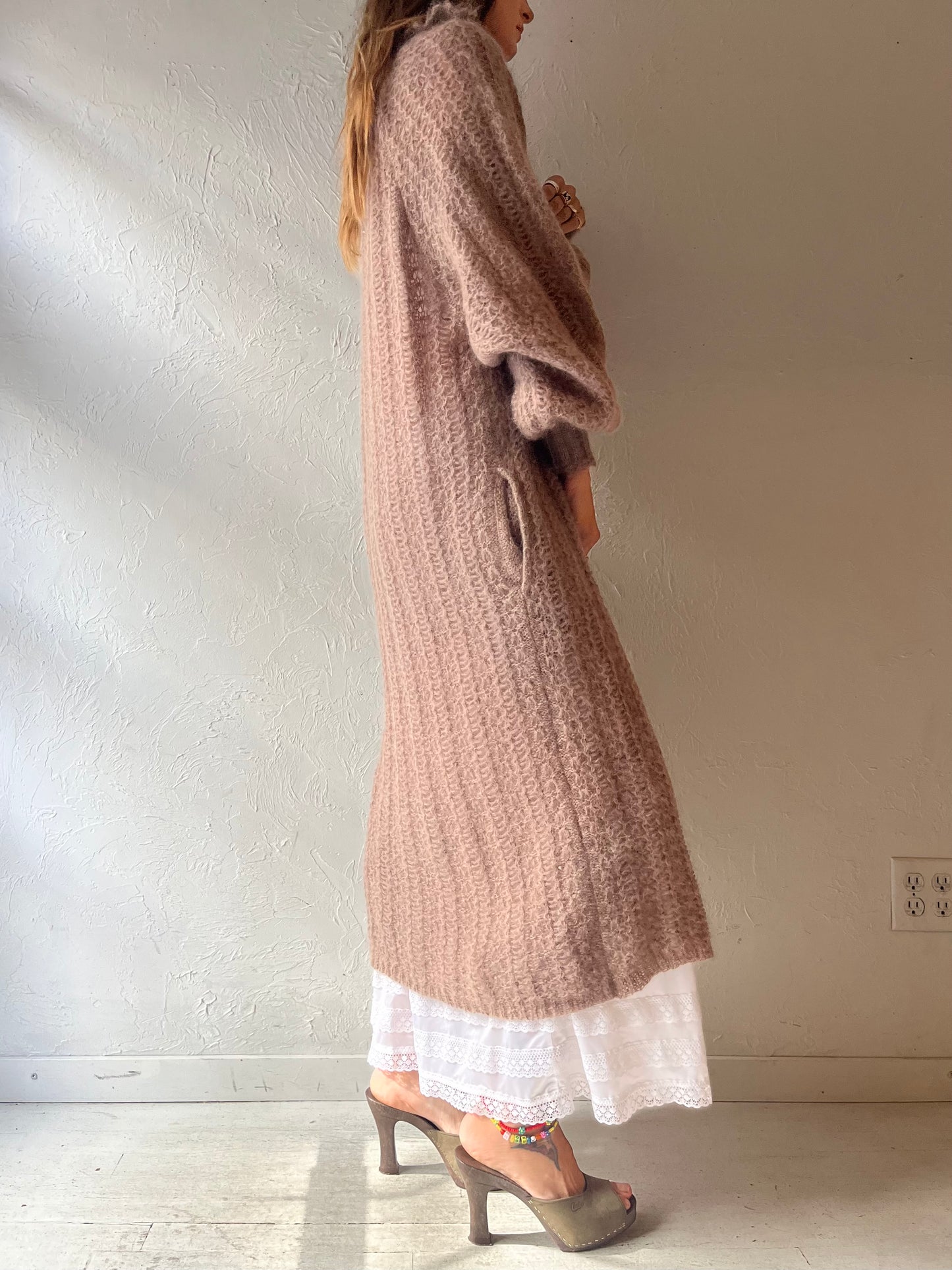 Vintage Taupe Mohair Knit Duster Cardigan Boho Cottagecore Maxi Sweater / Small - Medium
