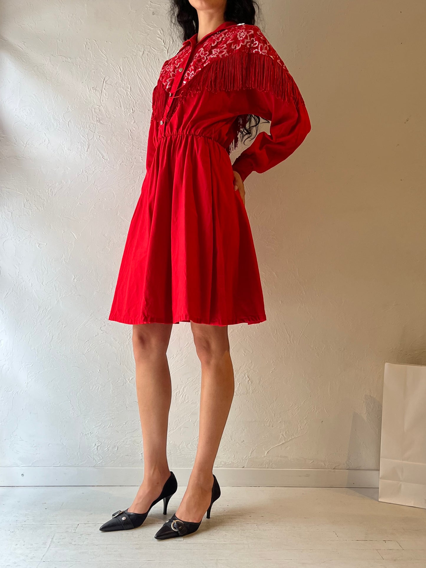 80s ‘Lila Suilty’ Red Western Fringe Dress / Small