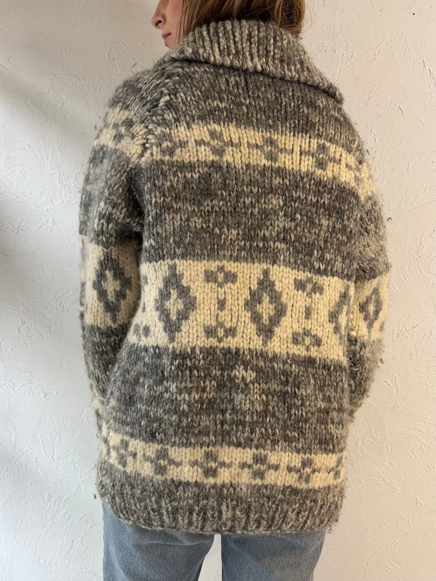 Vintage Hand Knit Gray Wool Zip Up Sweater / Medium