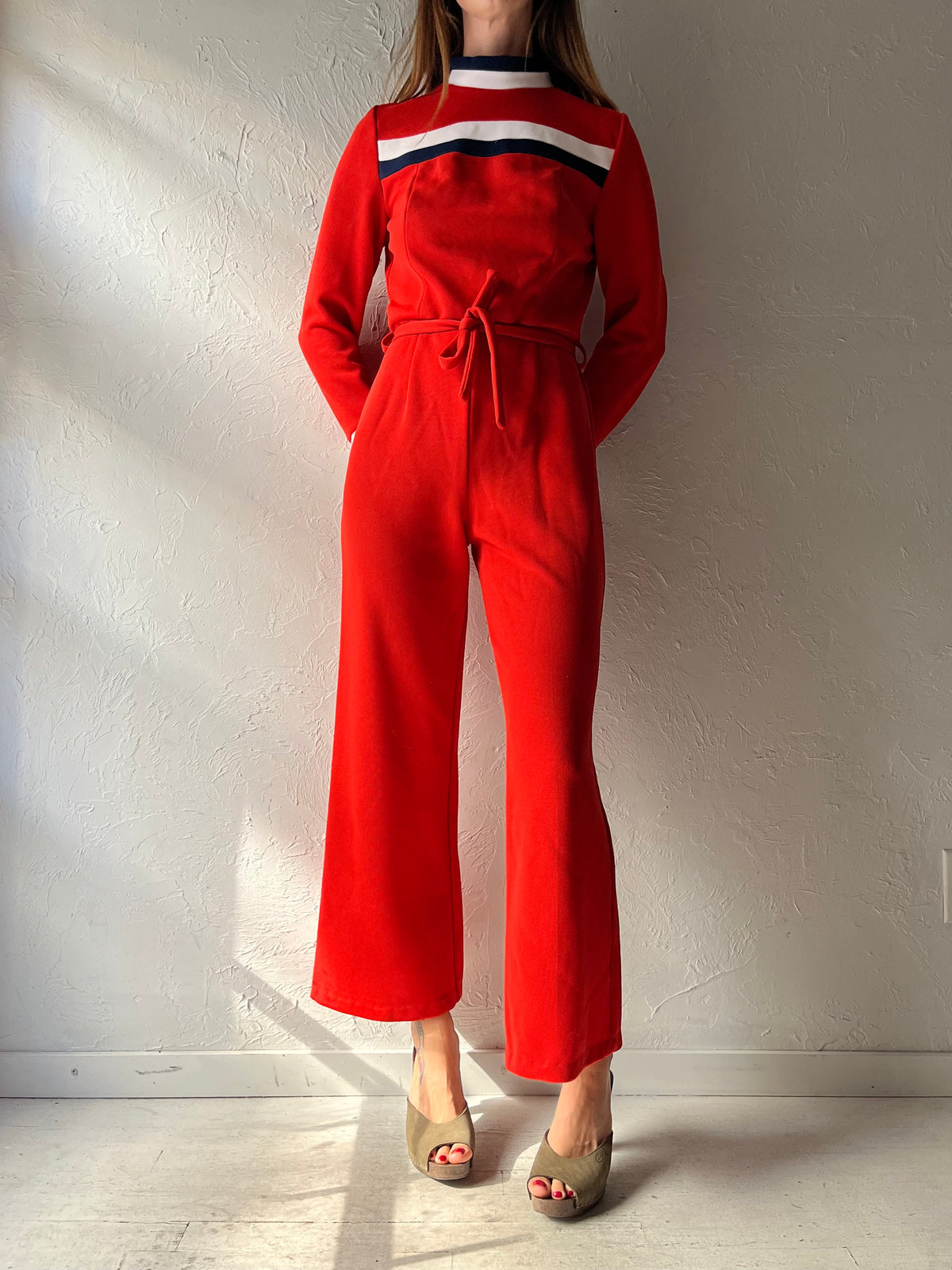 70s Red Long Sleeve Retro Flare Jumpsuit / Small