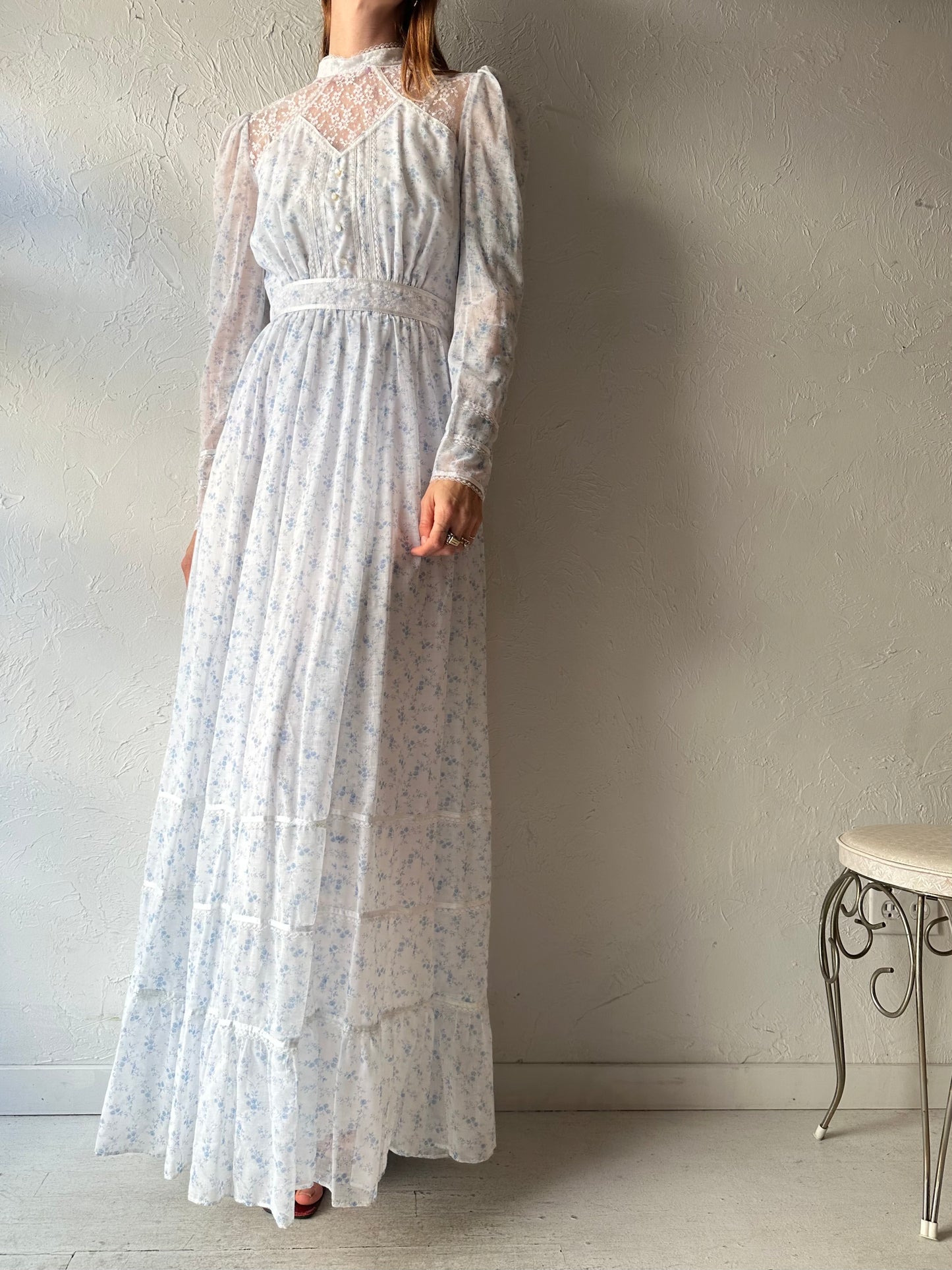 70s 'Candy Jones' Blue Floral Long Sleeve Peasant Dress / Small