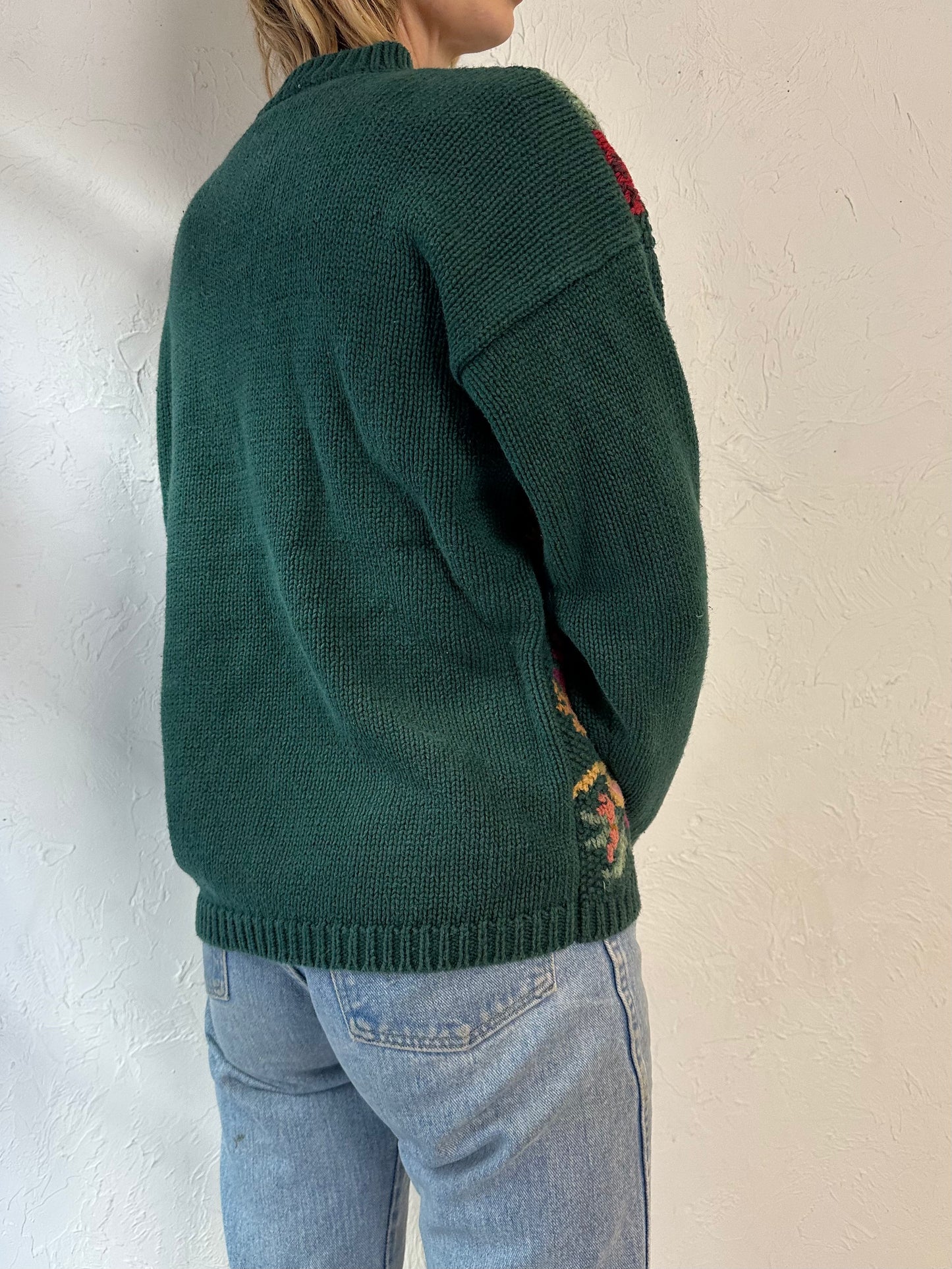 Y2K 'Rachel Max' Green Floral Knit Sweater / Medium