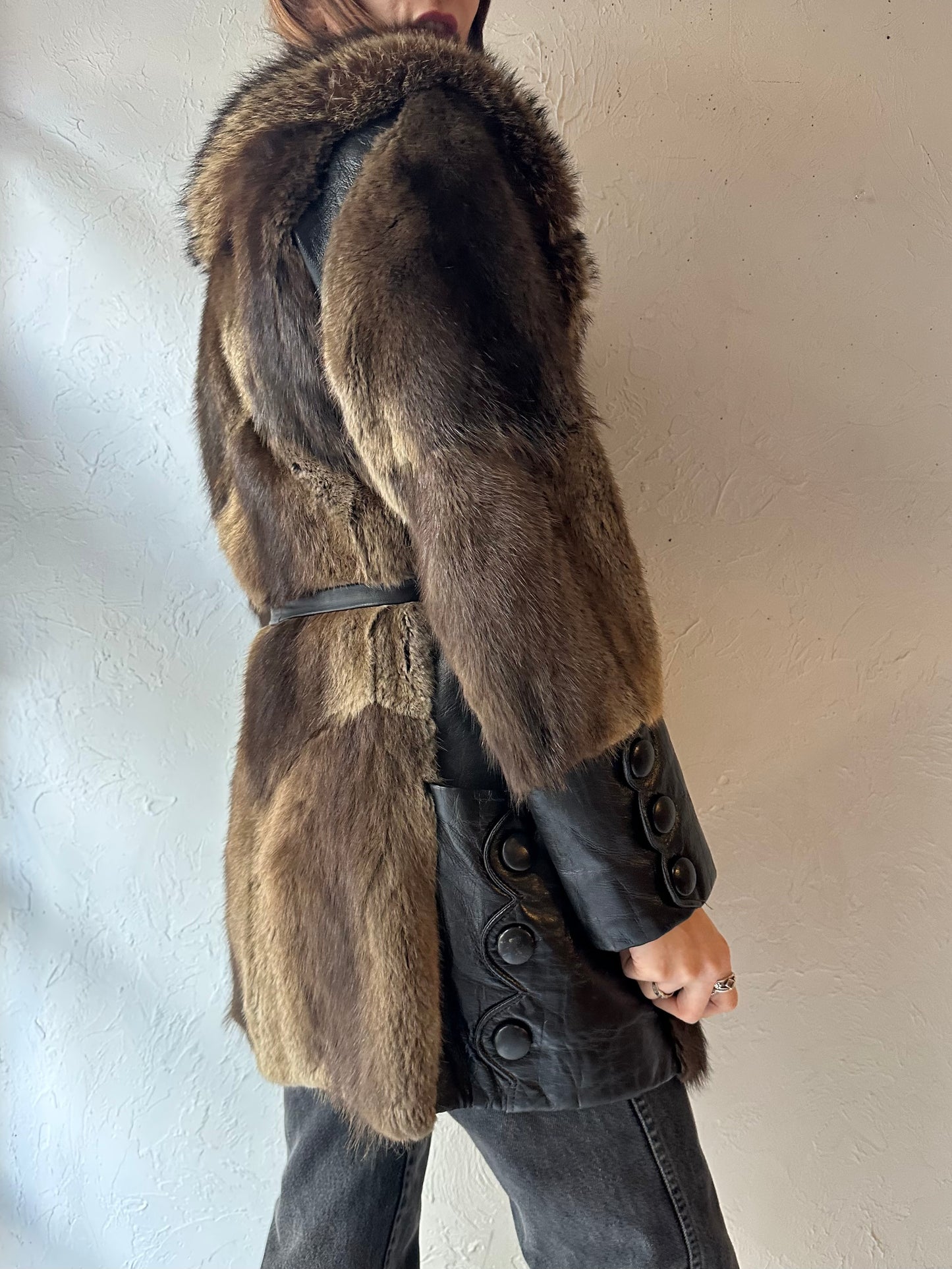 Vintage Fur Coat with Leather Panels / Small