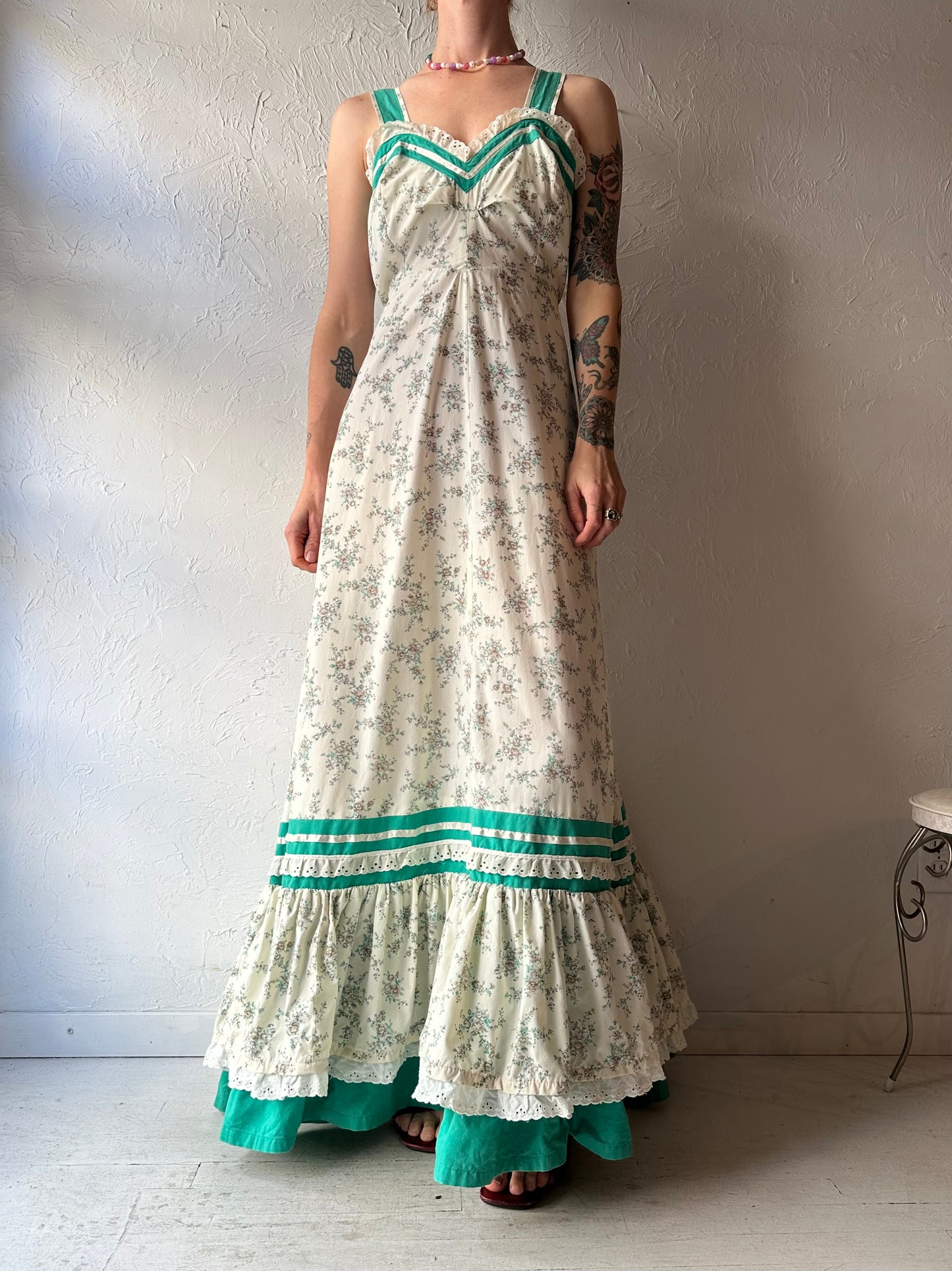70s Handmade Floral Print Peasant Maxi Dress / Medium