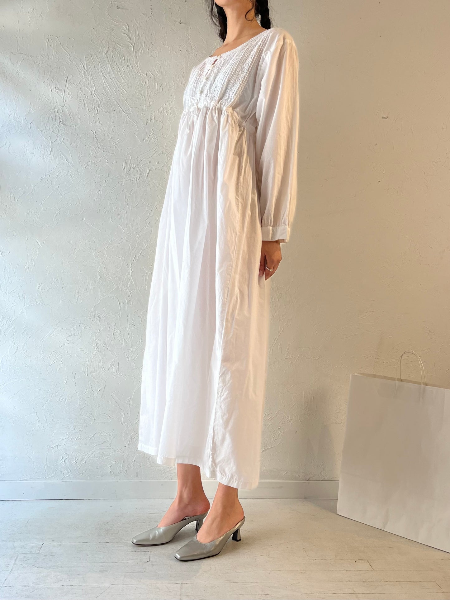 90s ‘Higher State’ Long Sleeve White Cotton Dress / Large