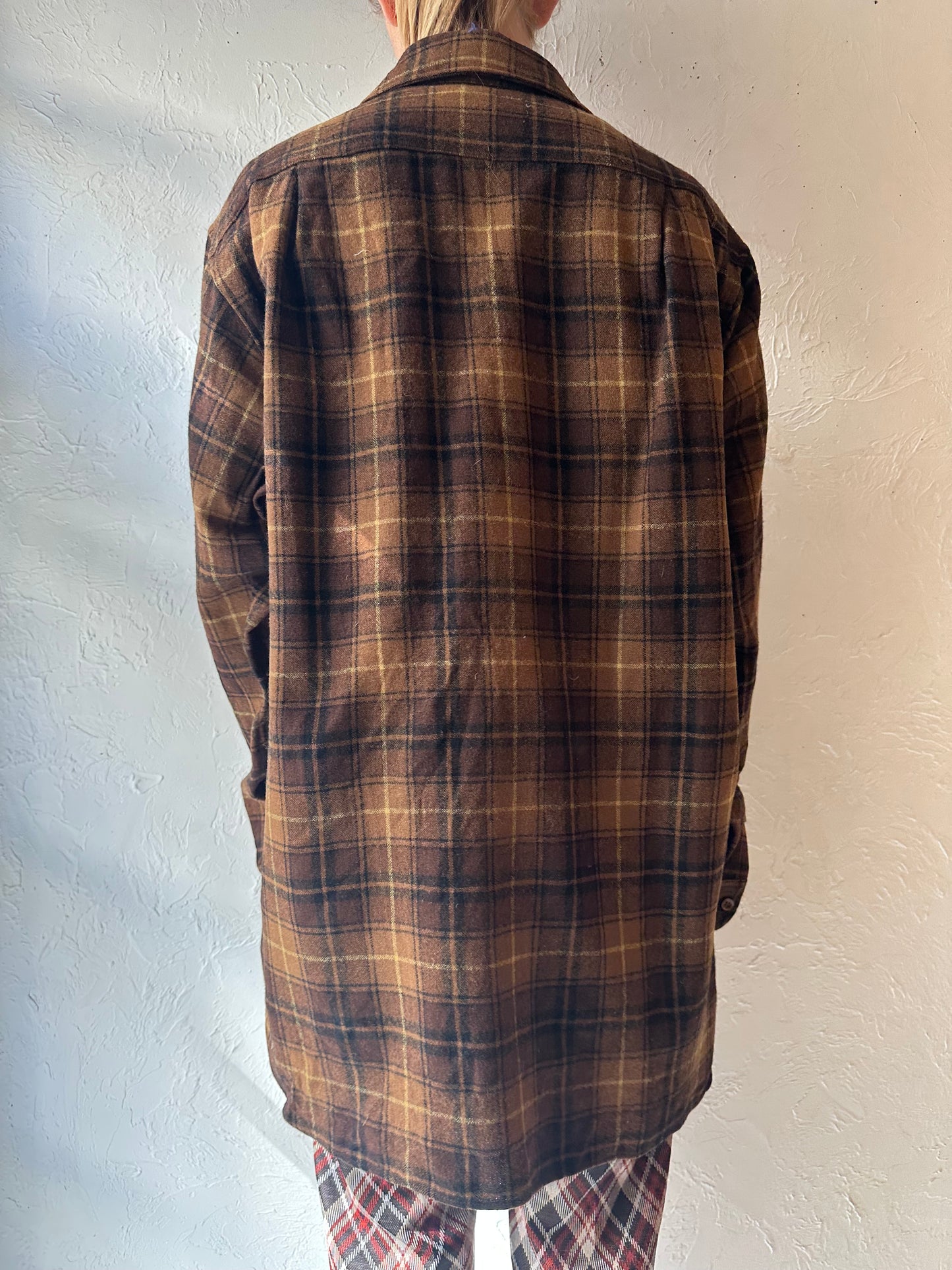 90s 'Pendleton' Brown Plaid Wool Shirt / Large