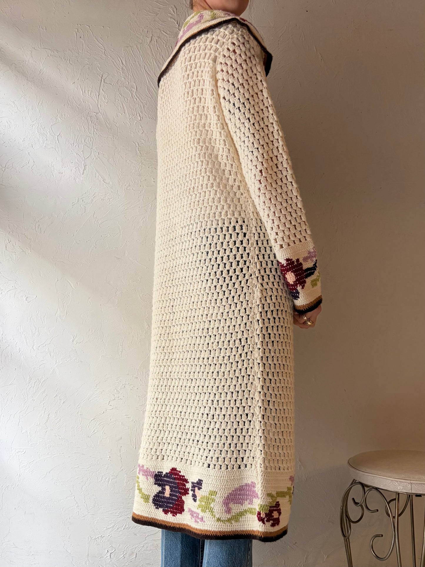 Vintage Handmade Crochet Cardigan Duster Sweater / Small