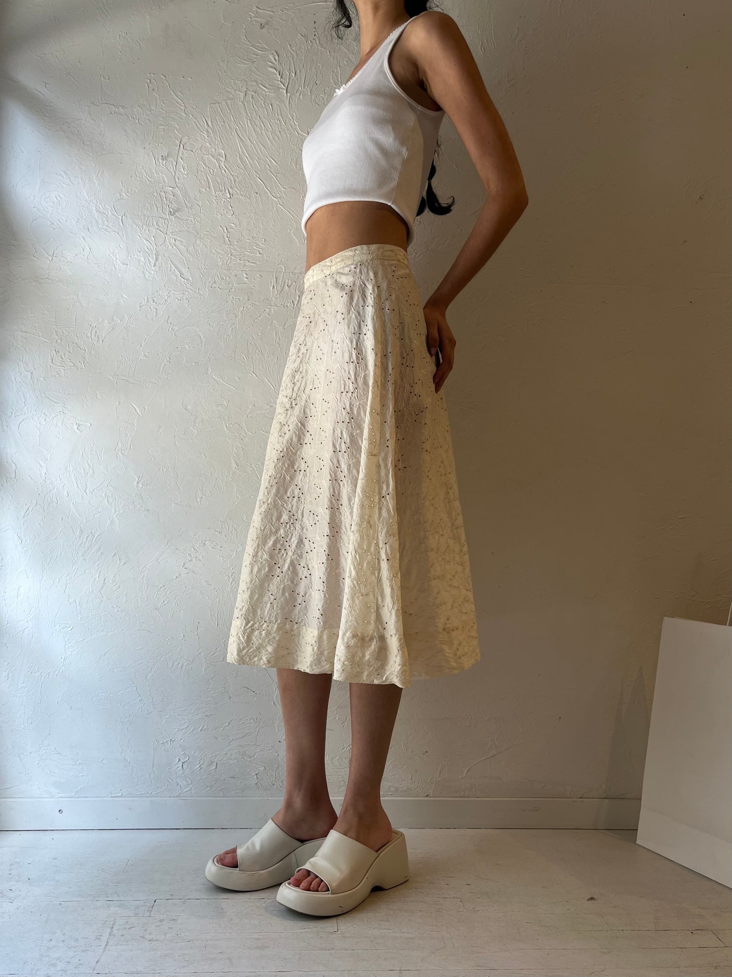 Vintage Cream Eyelet Butterfly Print Midi Skirt / Small