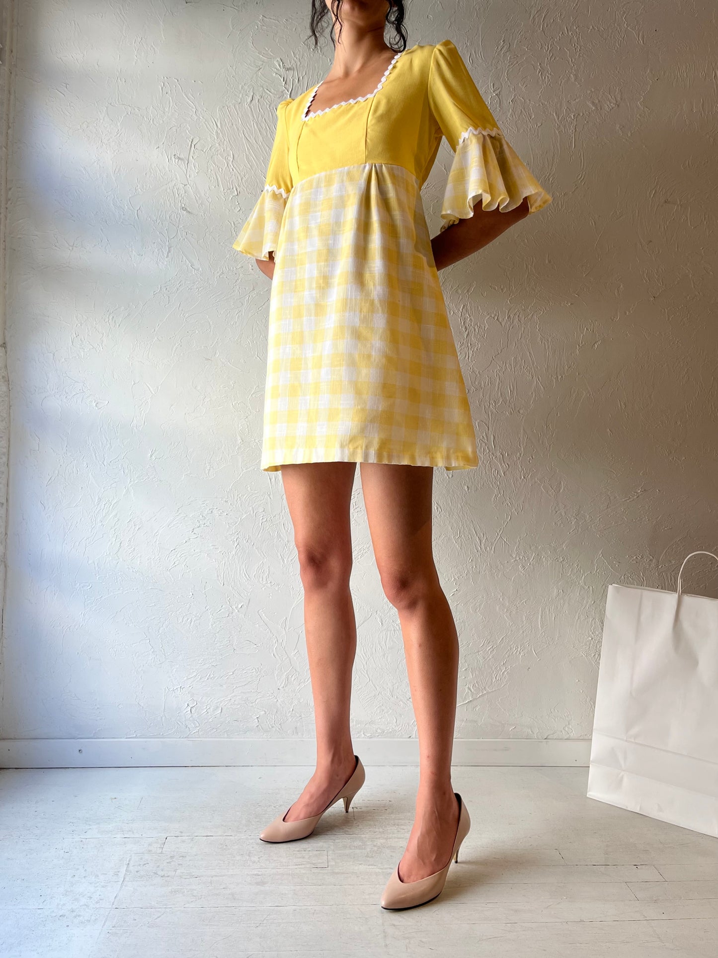 70s Hand Made Yellow Bell Sleeve Mini Dress / Small