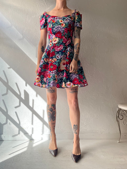 80s 'Damatix' Floral Cotton Mini Dress / Small