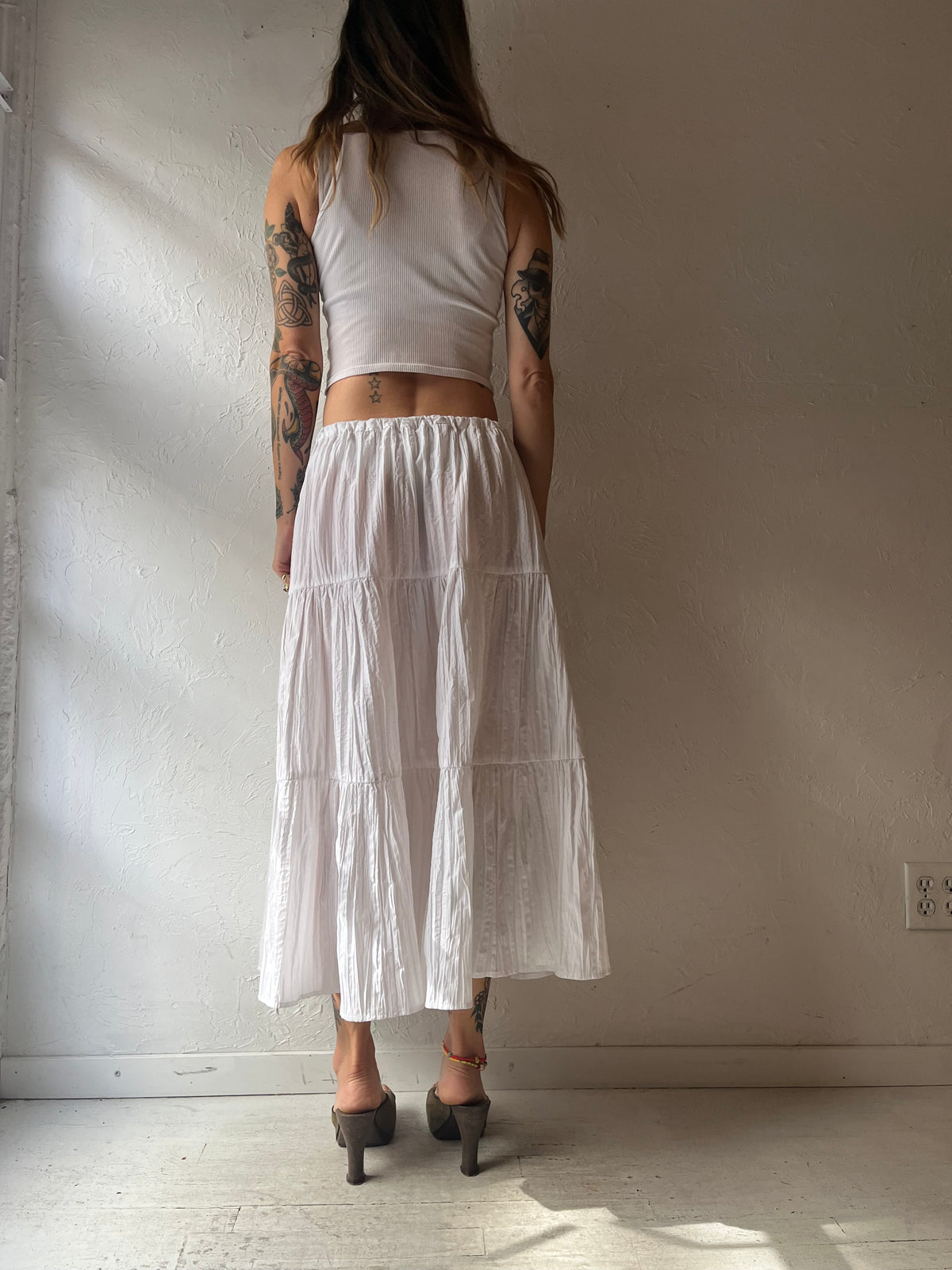 Y2k 'White Stag' White Tiered Drawstring Boho Cottagecore Western Prairie Summer Maxi Skirt / Small - Large
