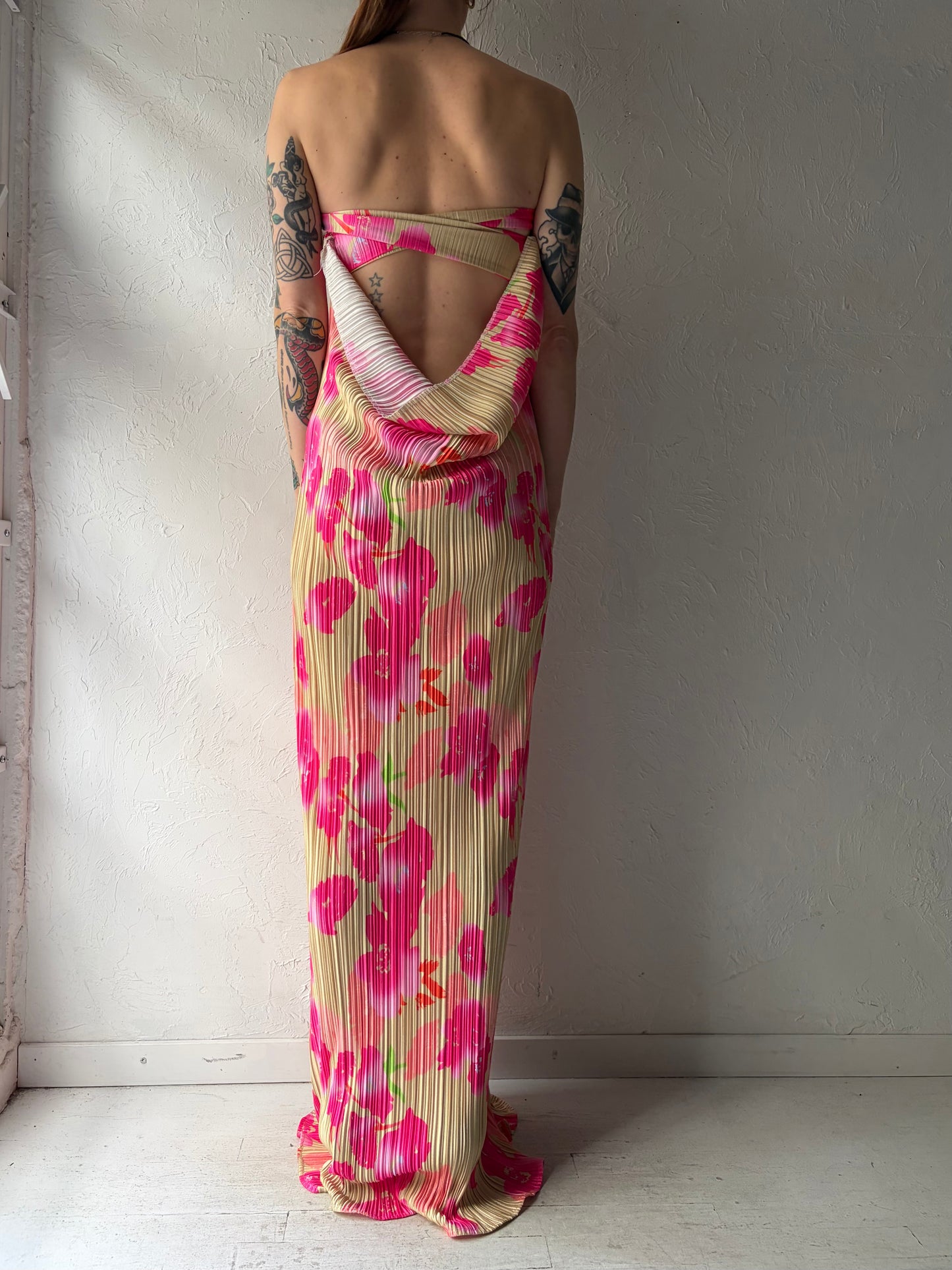 Vintage Handmade Floral Summer Dress / Boho Floral Ribbed Formal Gown / Medium