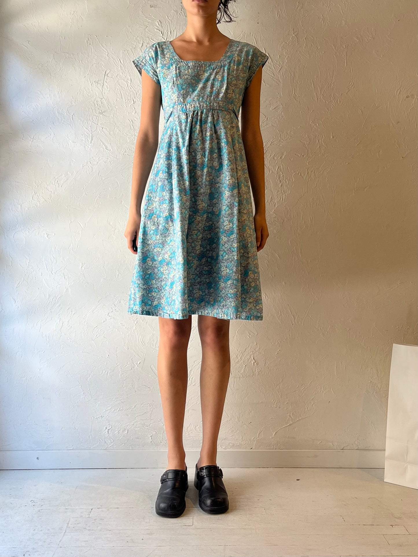 80s ‘Bobby’s Place’ Blue Floral Mini Dress / Small