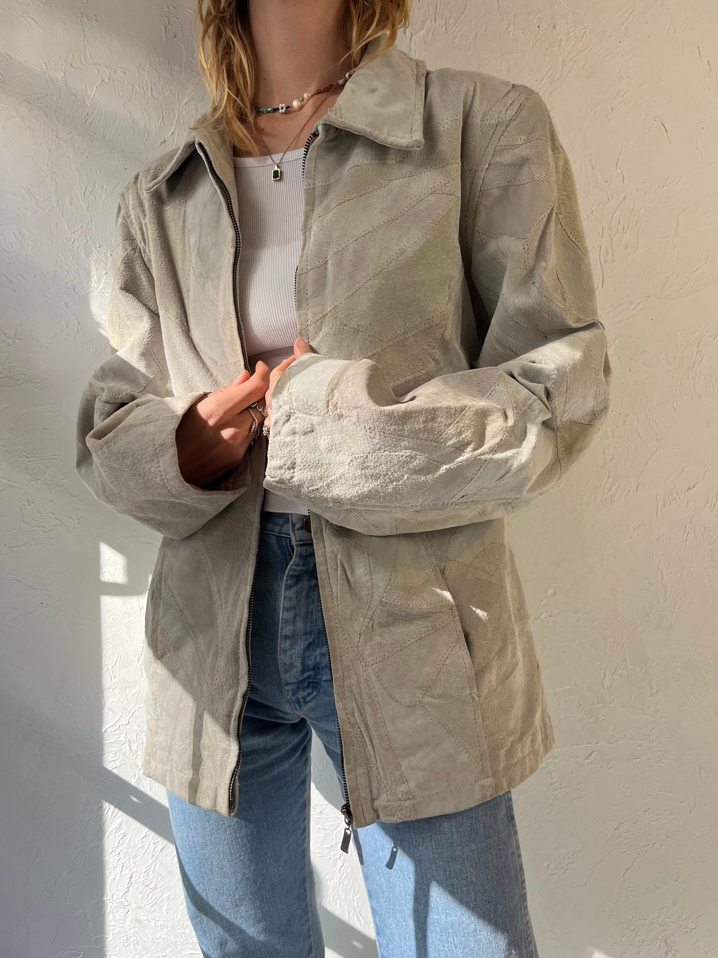 Y2K 'Leather Works' Cream Patchwork Suede Jacket / Large