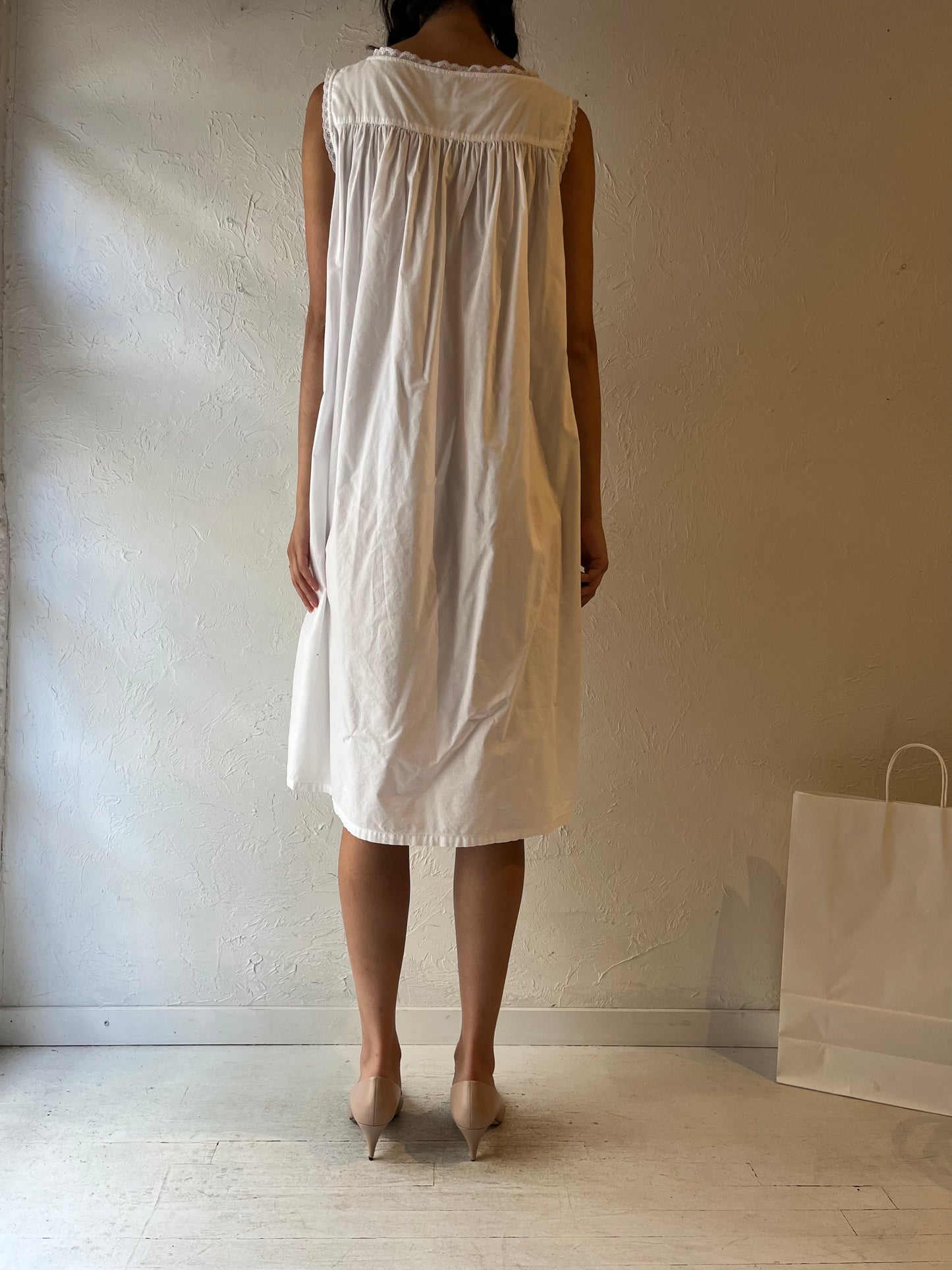 90s White Cotton Midi Dress / Large