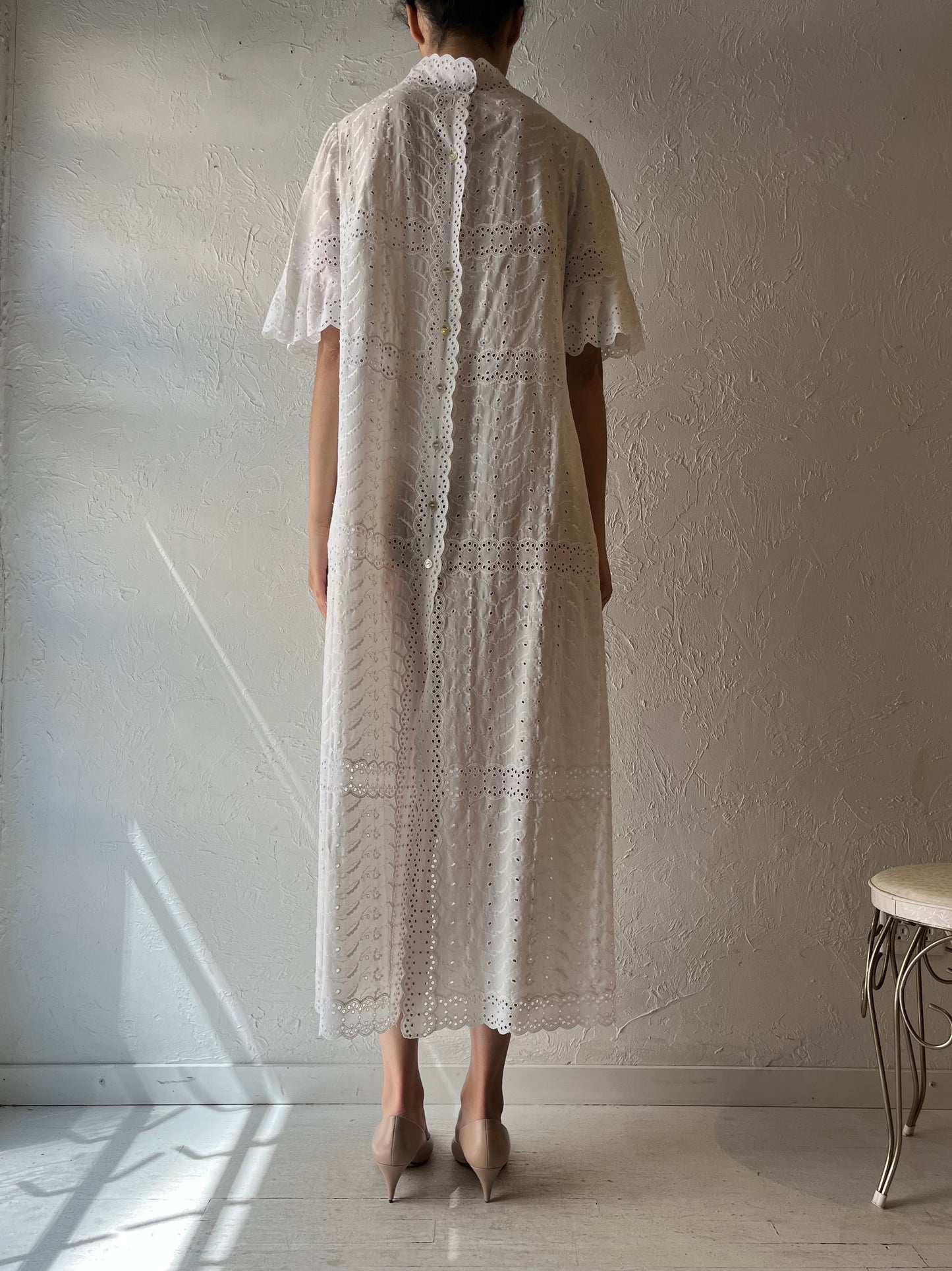 Vintage Handmade White Embroidered Cotton Prairie Summer Maxi Dress / Romantic Cottagecore Sundress / Medium