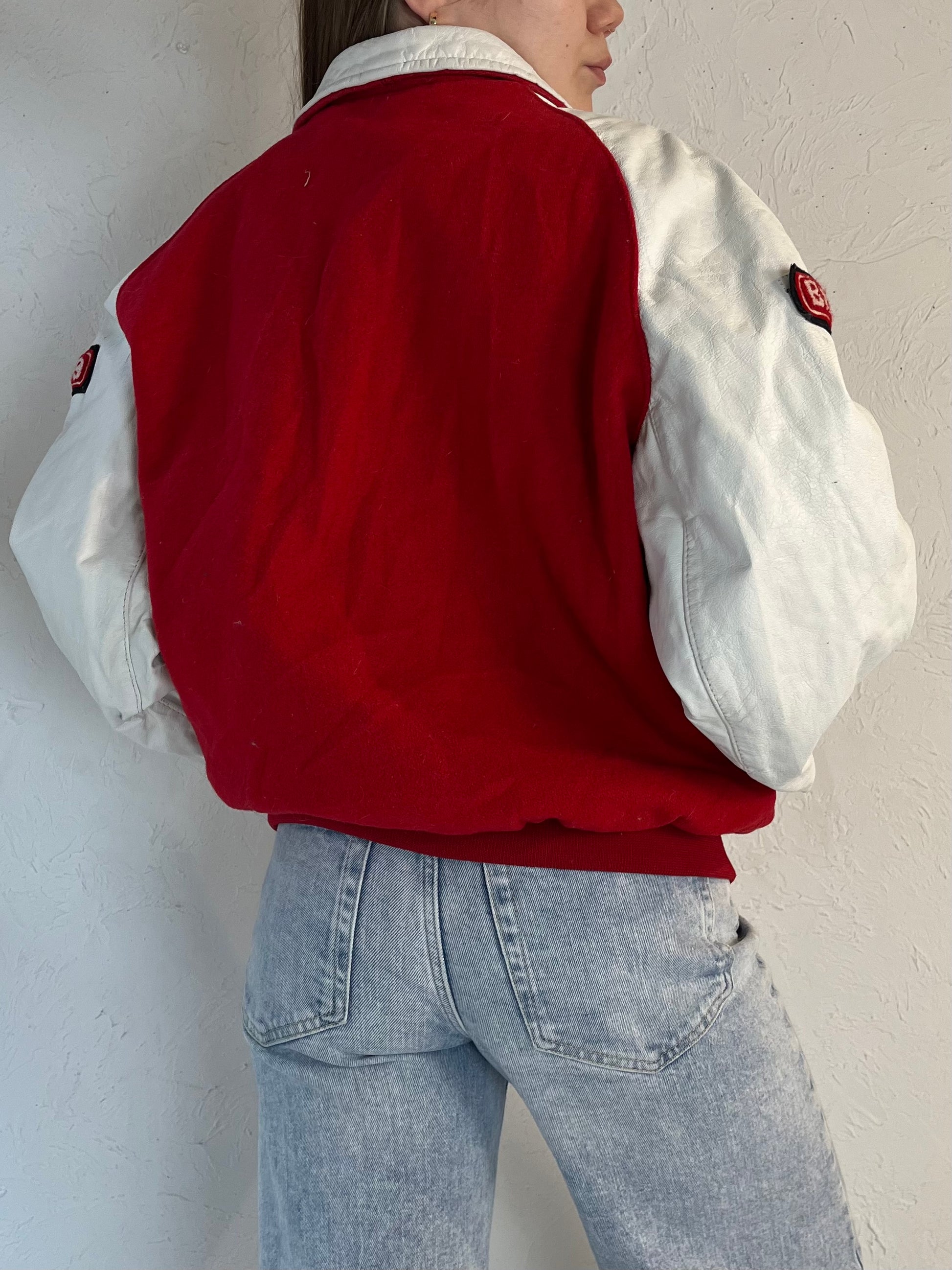 80s 'Team Sales' Red Varsity Bomber Jacket / Small