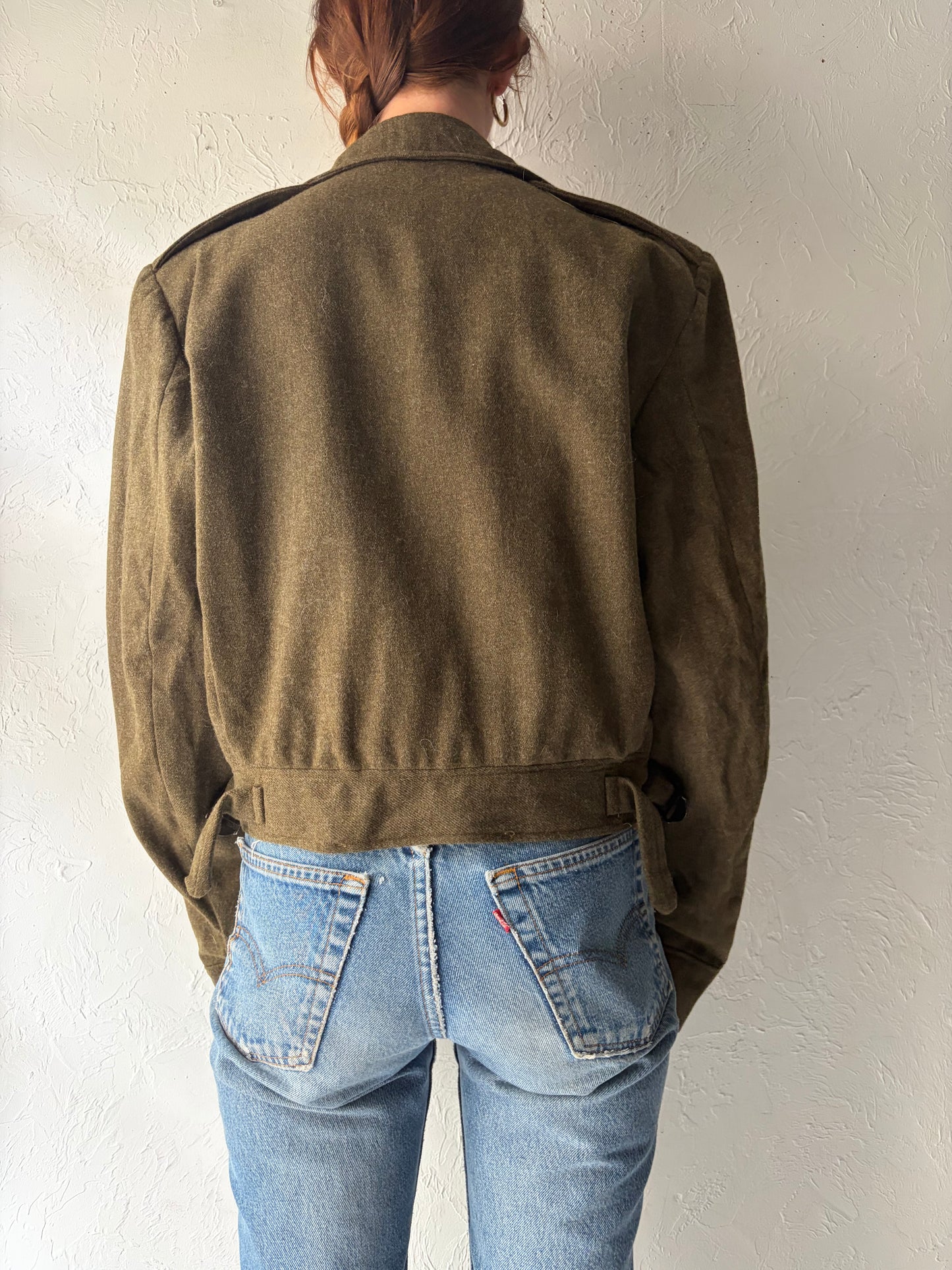 50s Authentic Army Cropped Green Wool Jacket / Vintage 1950 Military Retro Utility Wool Jacket / Medium